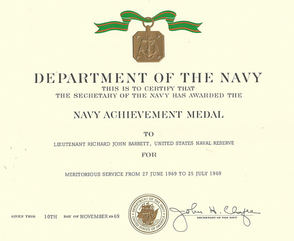 Navy Achievement Medal Certificate for Richard John Barrett