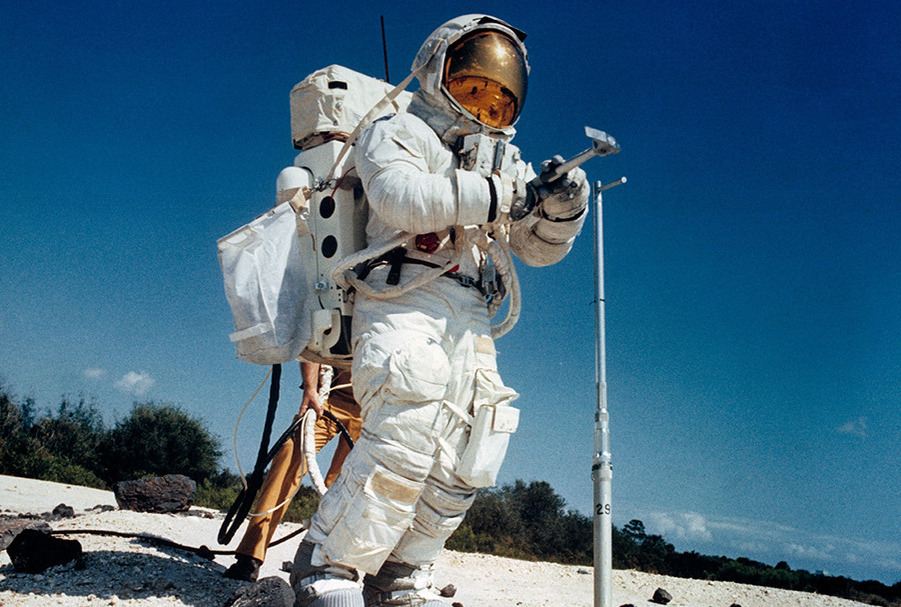 Charles Duke wearing his astronaut suit while on earth in training for his moon mission