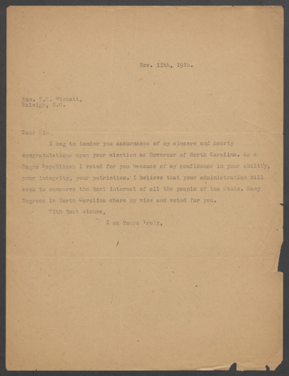 Letter from Charles N. Hunter to Governor-Elect Bickett, November 11, 1916