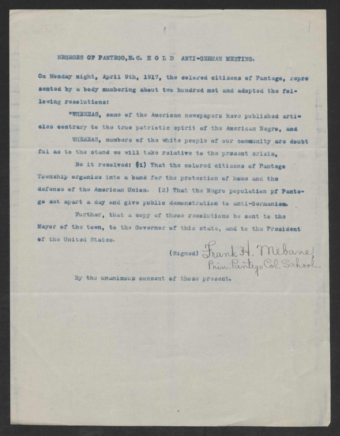 Resolution from Black Citizens of Pantego to Gov. Bickett, April 9, 1917