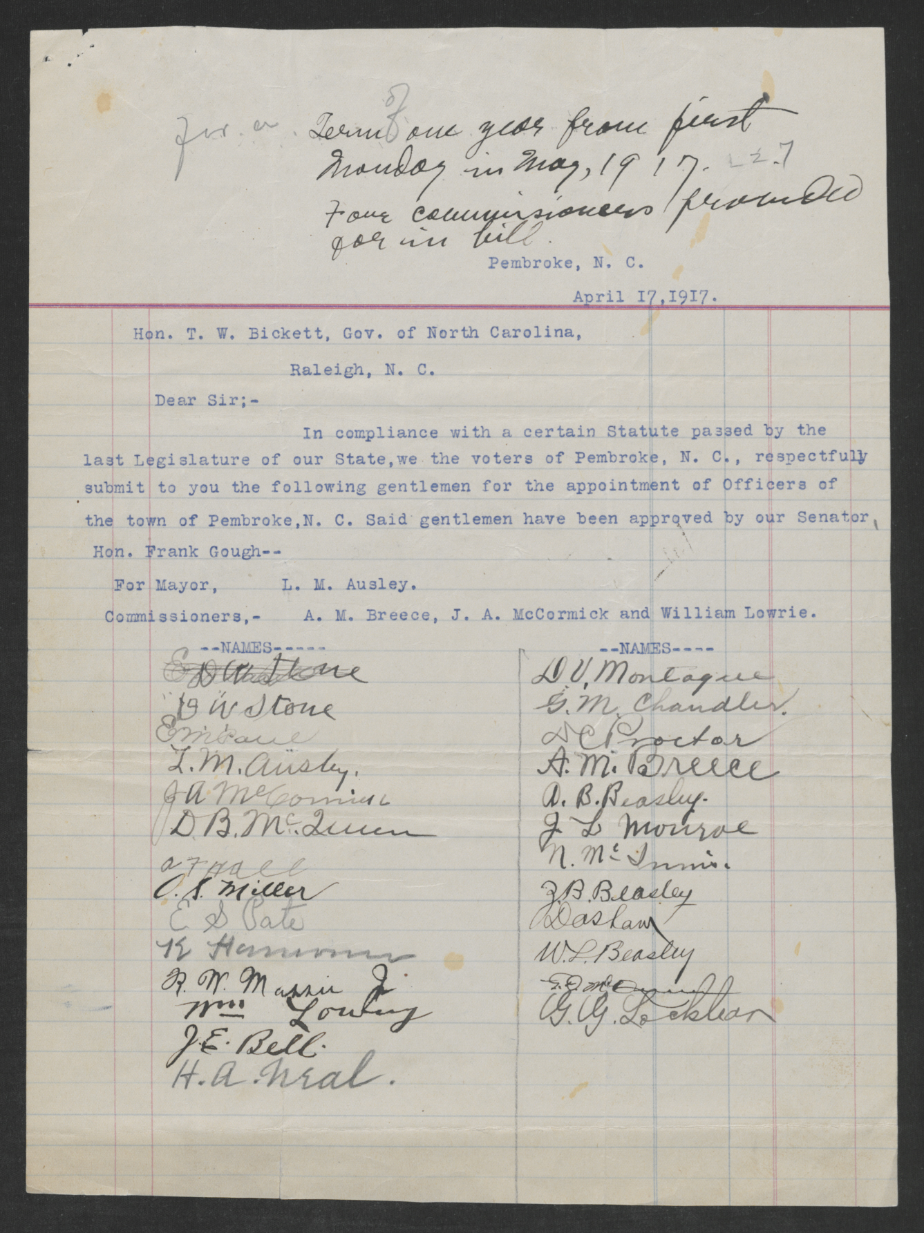 Petition appointed mayor and commissioners for town of Pembroke, April 17, 1917