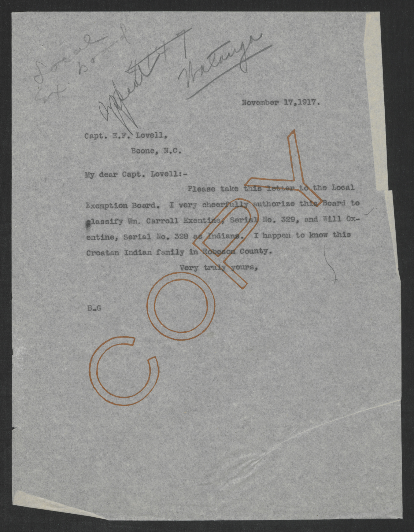Letter from Gov. Bickett to E. F. Lovill, November 17, 1917