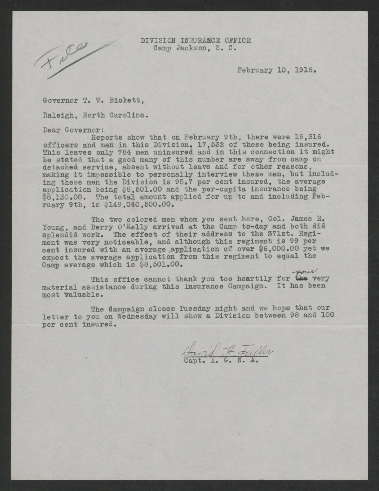Letter from David H. Fuller to Gov. Bickett, February 10, 1918