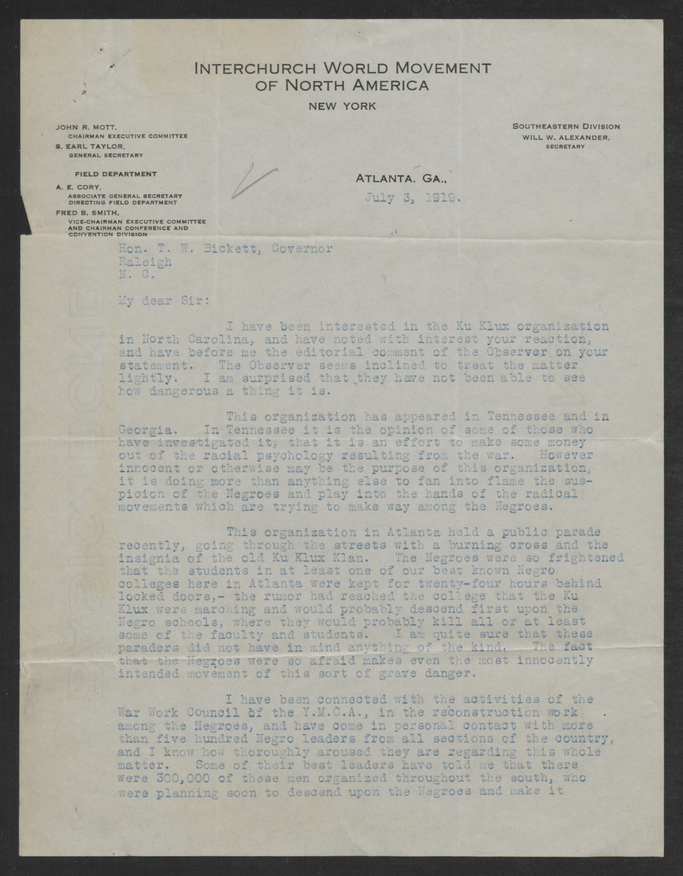 Letter from Will W. Alexander to Thomas W. Bickett, July 3, 1919, Page 1
