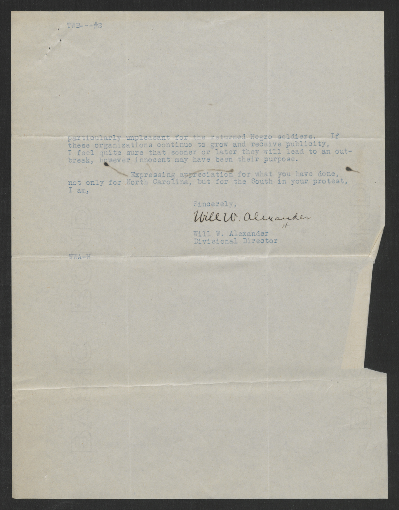 Letter from Will W. Alexander to Thomas W. Bickett, July 3, 1919, Page 2