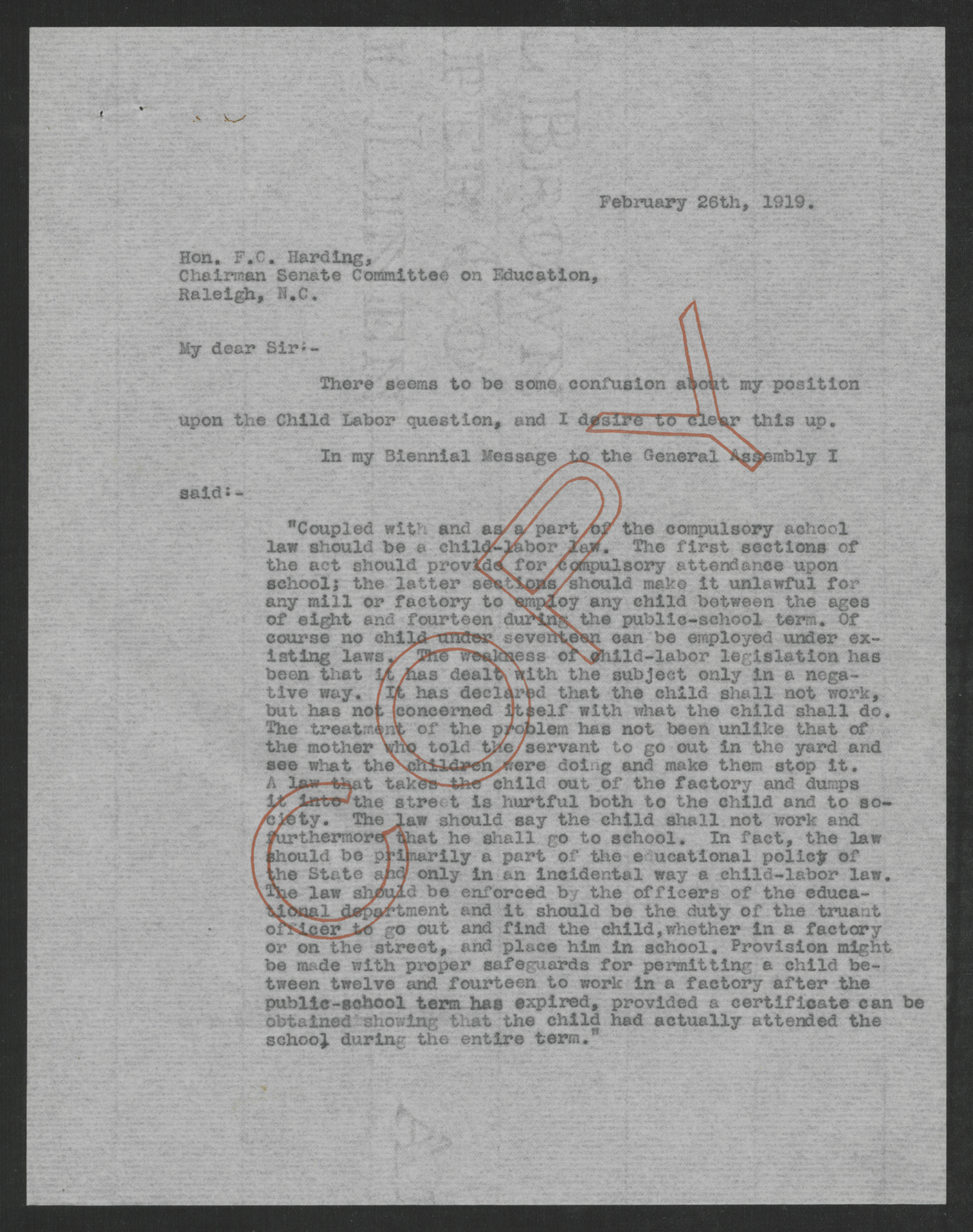 Letter from Thomas W. Bickett to Fordyce C. Harding, February 26, 1919, page 1