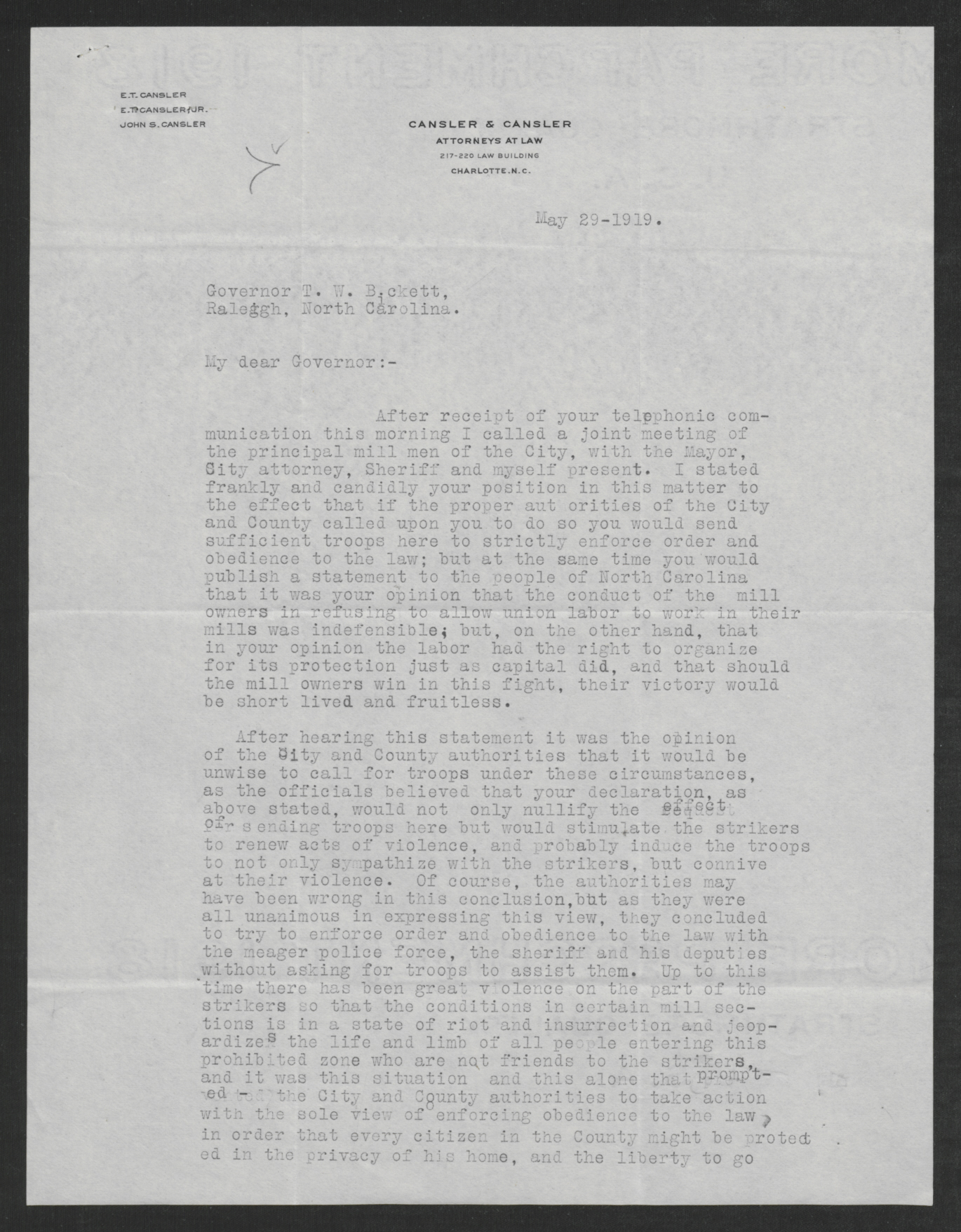 Letter from Edwin T. Cansler to Thomas W. Bickett, May 29 1919, page 1