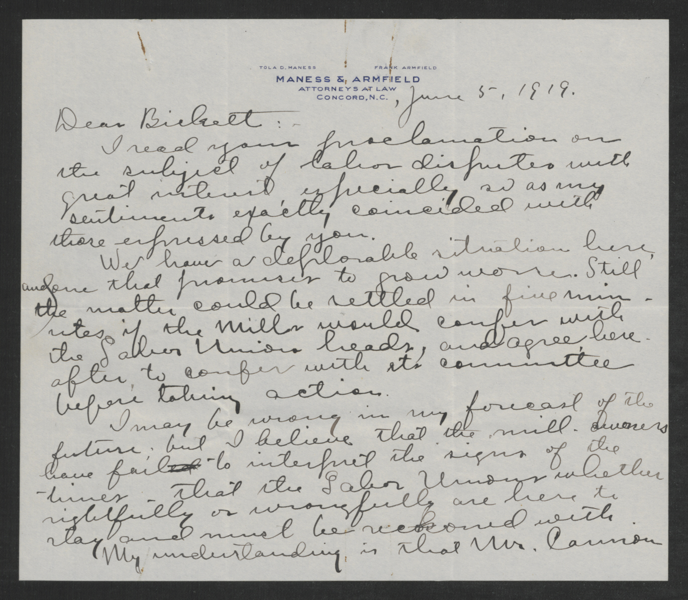 Letter from Frank Armfield to Thomas W. Bickett, June 6, 1919, page 1