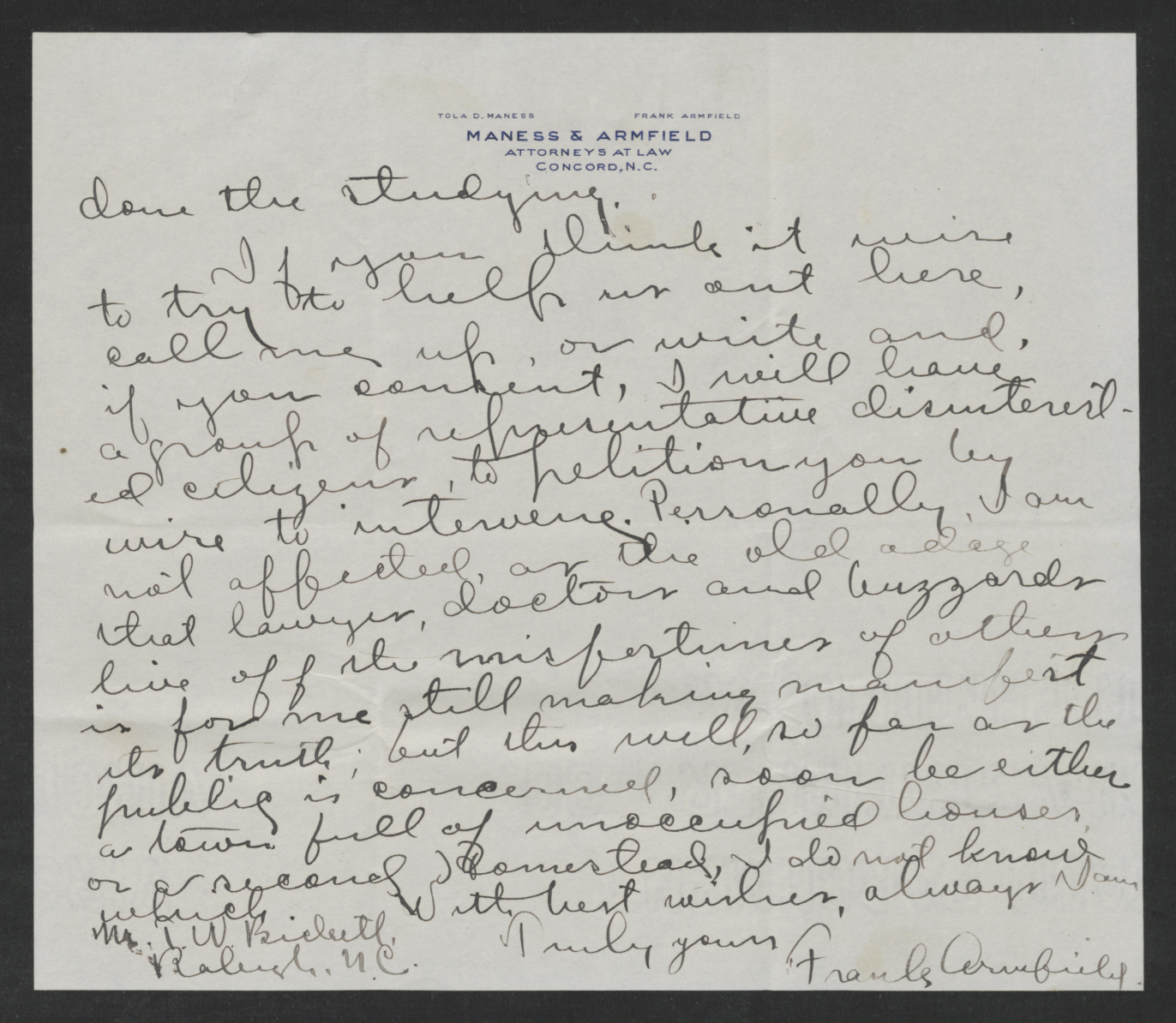 Letter from Frank Armfield to Thomas W. Bickett, June 6, 1919, page 4