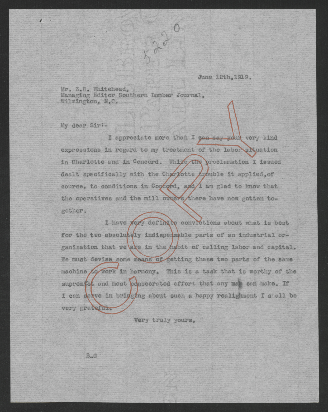 Letter from Thomas W. Bickett to Zollicoffer W. Whitehead, June 12, 1919