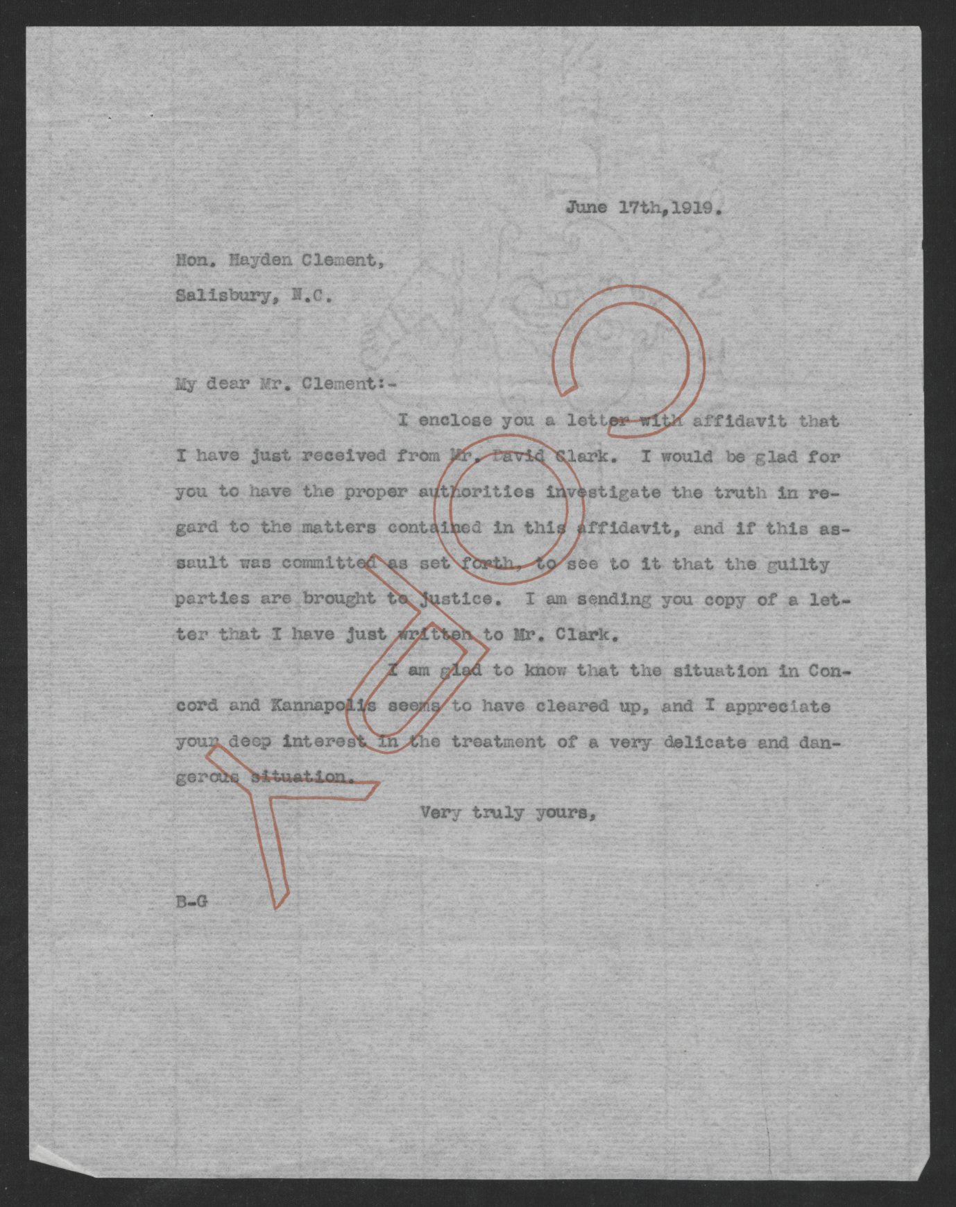 Letter from Thomas W. Bickett to Hayden Clement, June 17, 1919