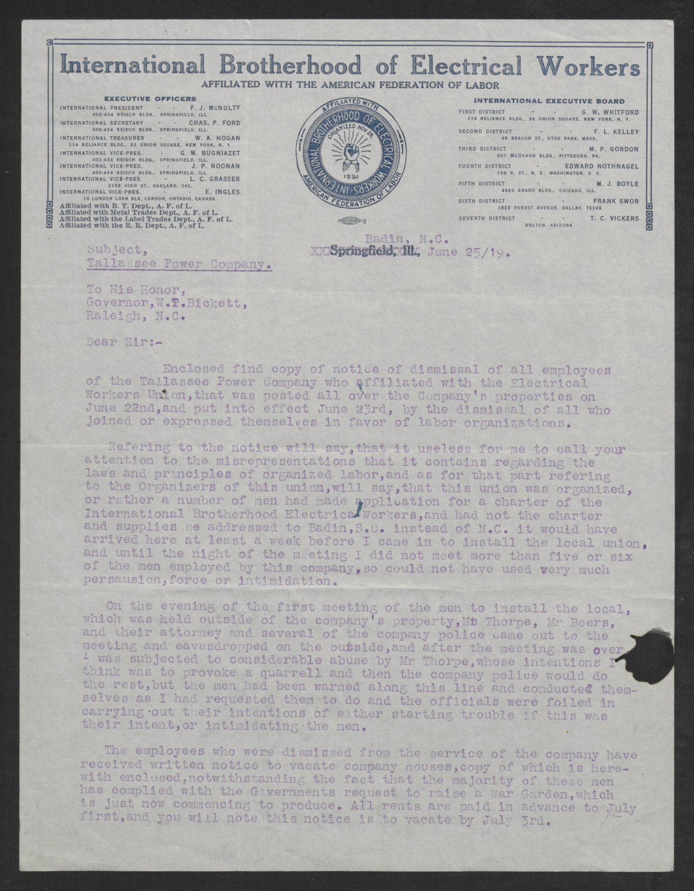 Letter from David L. Goble to Thomas W. Bickett, June 25, 1919, page 1