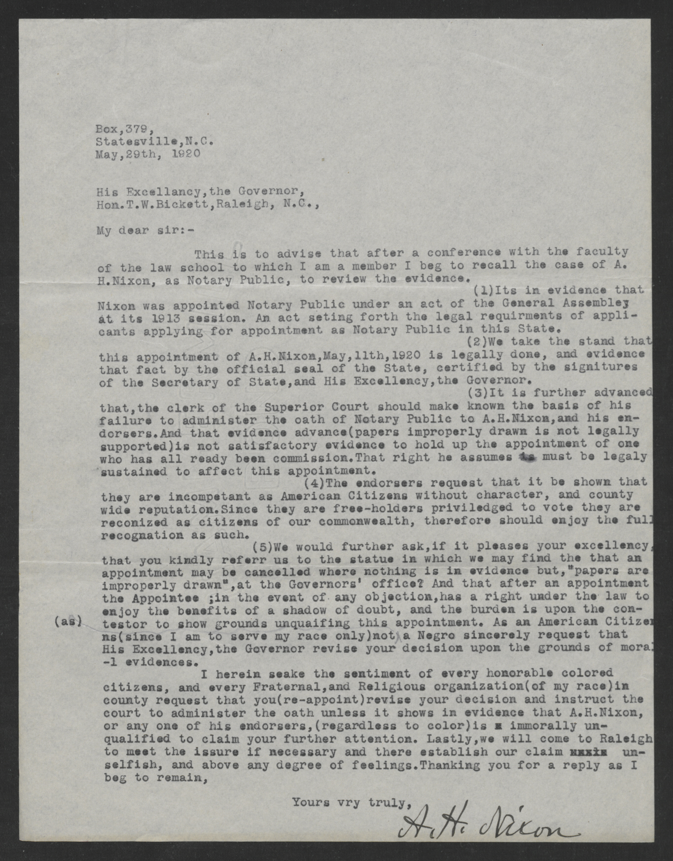 Letter from A. H. Nixon to Thomas W. Bickett, May 29, 1920