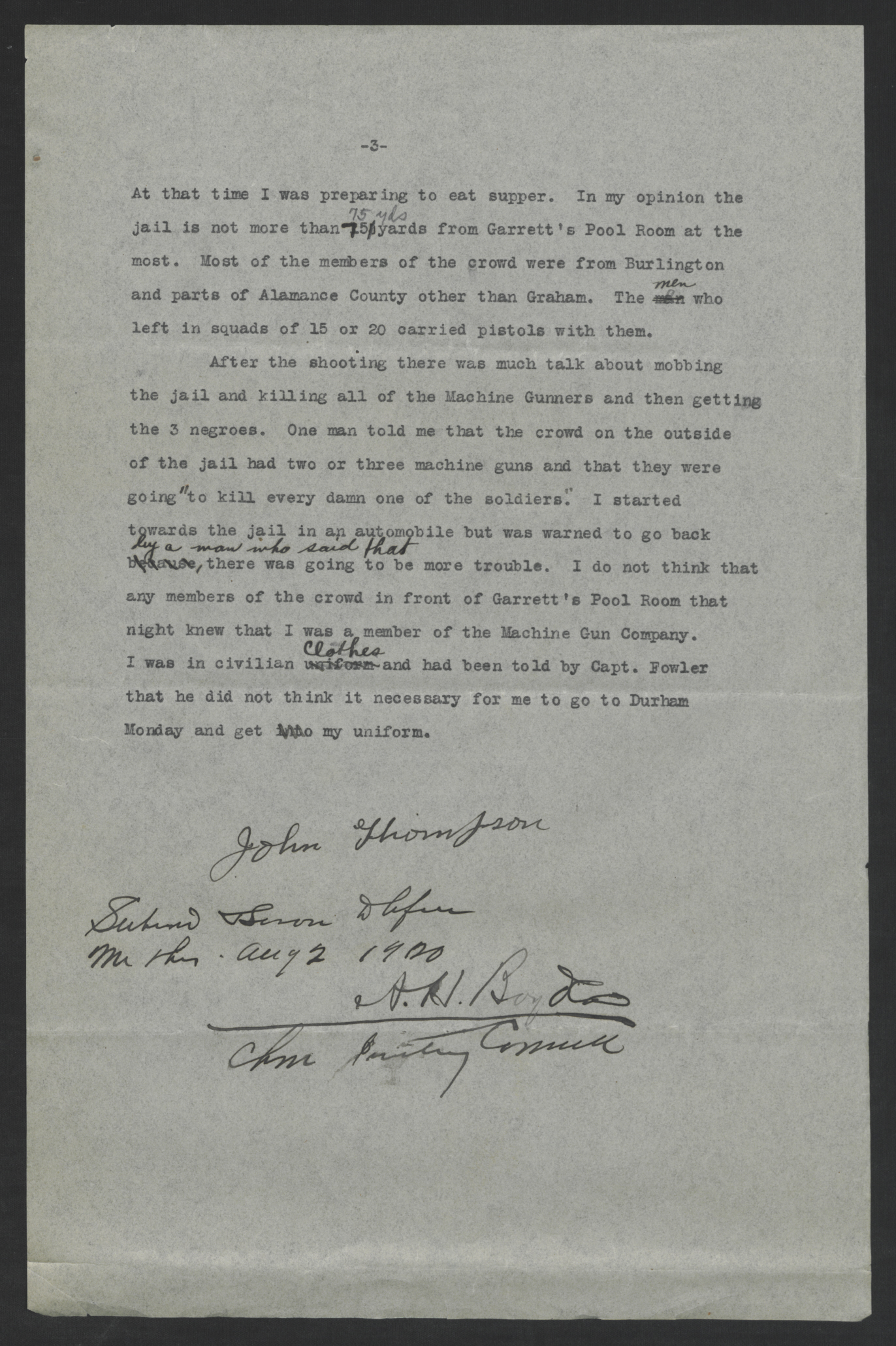 Testimony of Private John Thompson, August 2, 1920, page 3