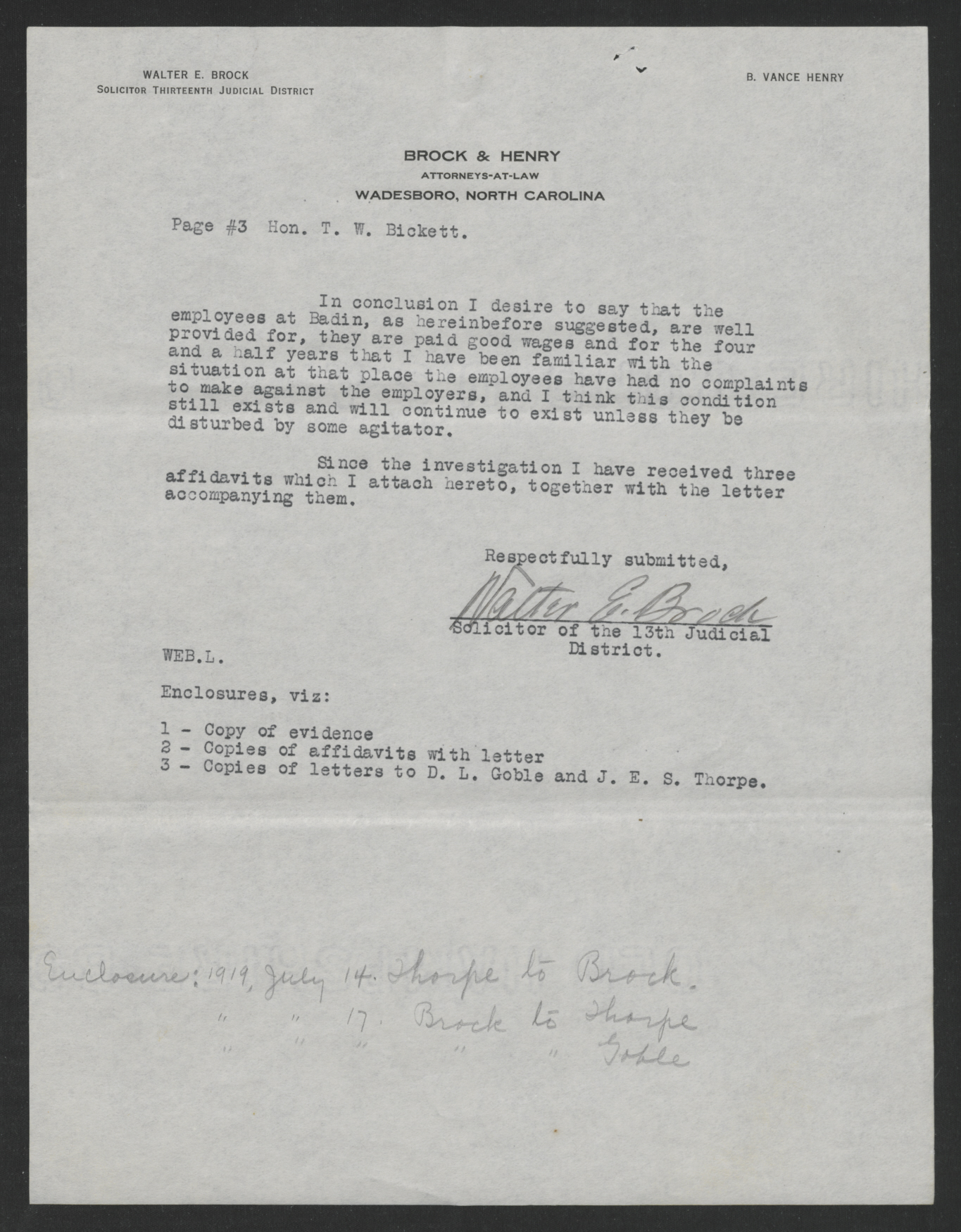 Letter from Walter E. Brock to Thomas W. Bickett, July 17, 1919, page 3