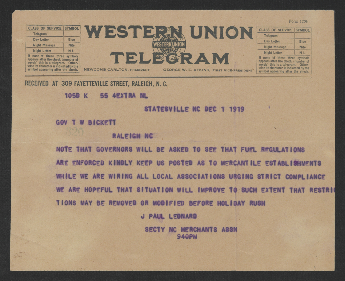 Telegram from Joseph P. Leonard to Thomas W. Bickett, December 1, 1919
