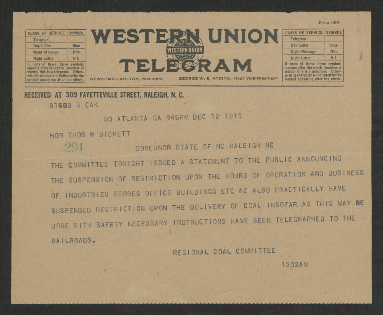 Telegram from the Regional Coal Committee to Thomas W. Bickett, December 12, 1919