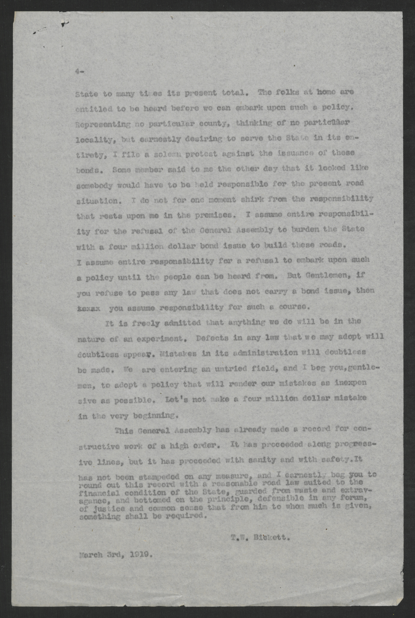Message of Governor Thomas W. Bickett to the General Assembly, March 3, 1919, page 4