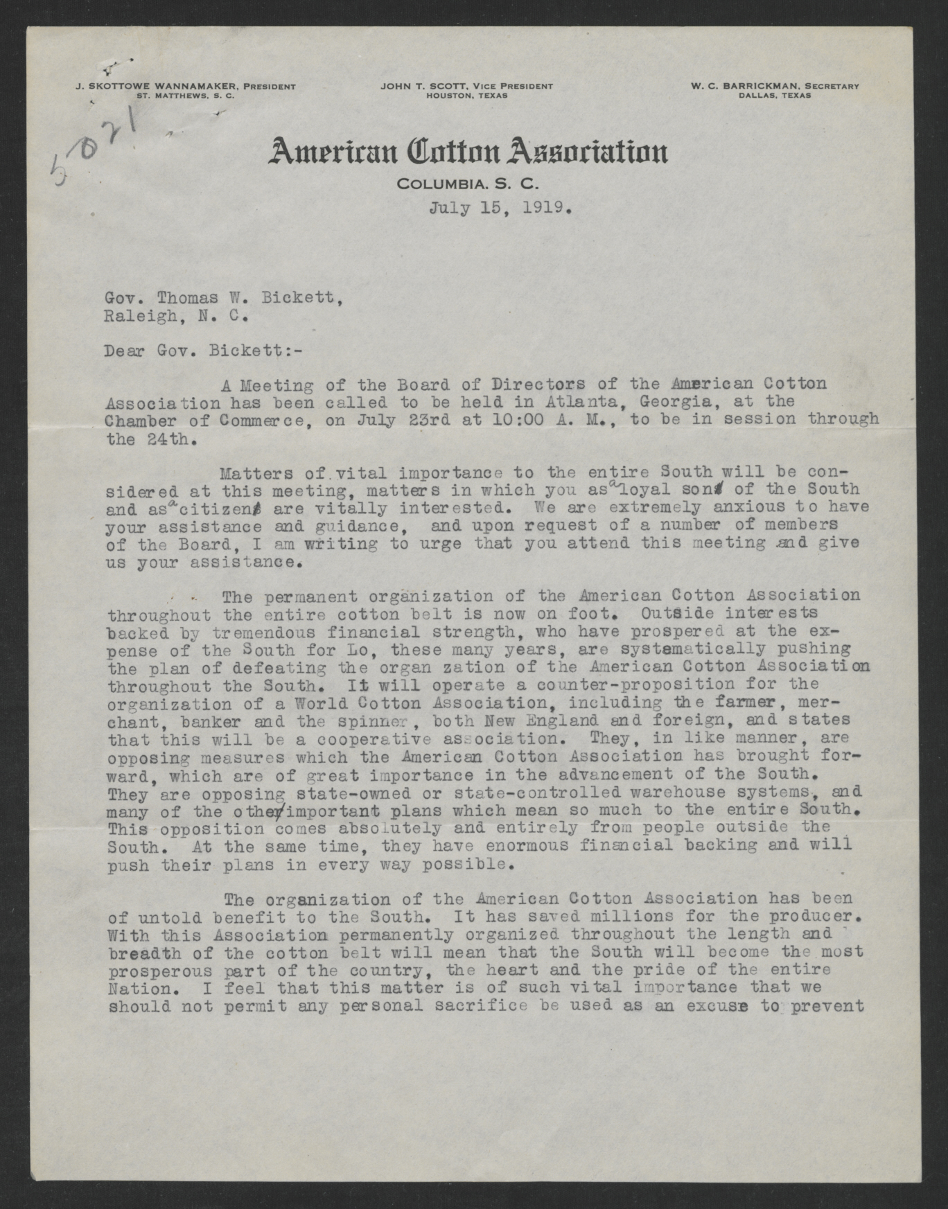 Letter from John S. Wannamaker to Thomas W. Bickett, July 15, 1919, page 1