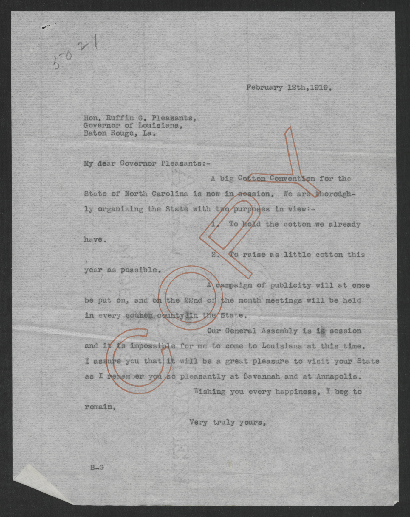 Letter from Thomas W. Bickett to Ruffin G. Pleasant, February 12, 1919