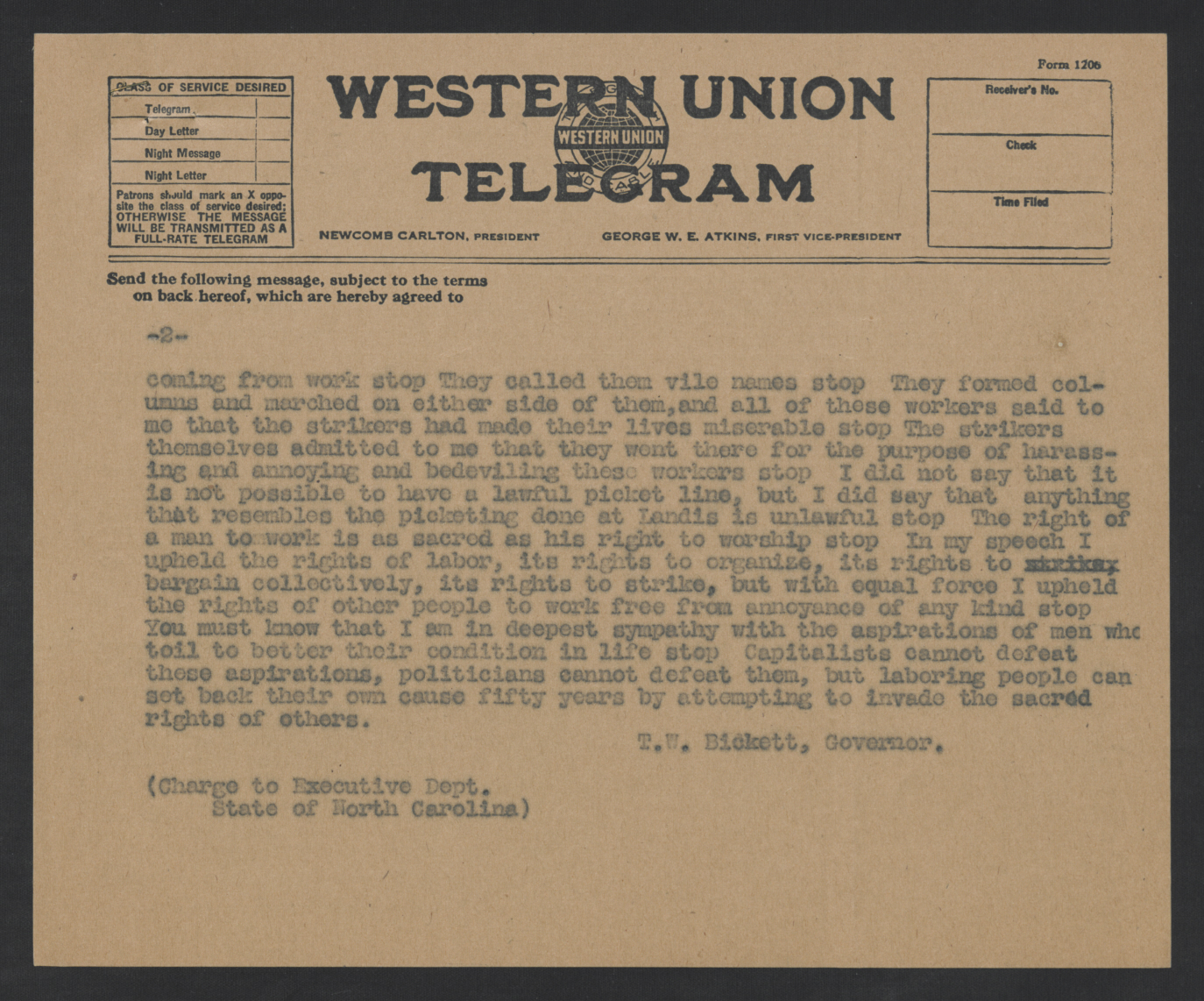 Telegram from Thomas W. Bickett to James F. Barrett, July 14, 1920, page 2
