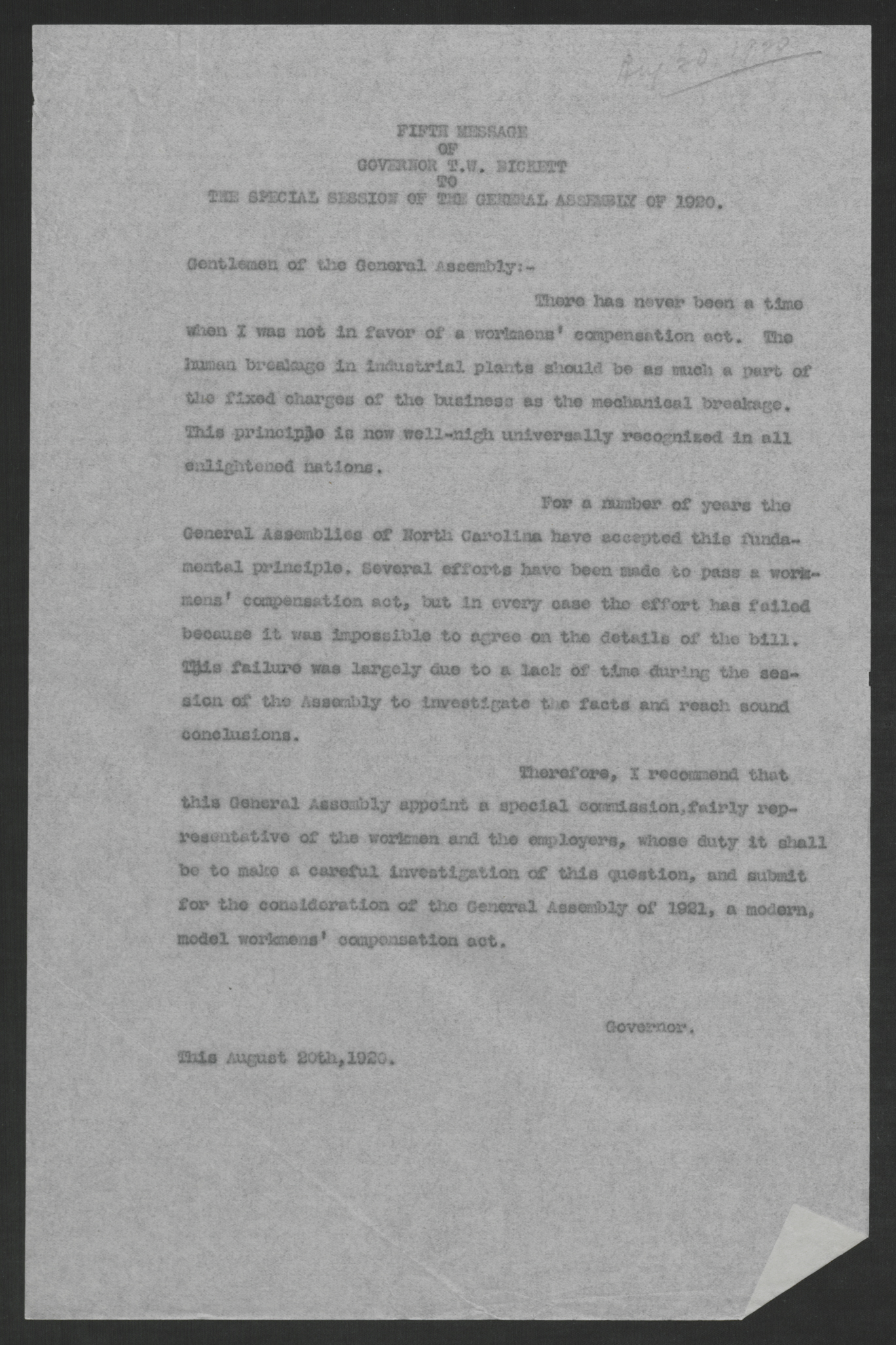 Fifth Message of Governor Thomas W. Bickett to the Special Session of the General Assembly of 1920, August 20, 1920