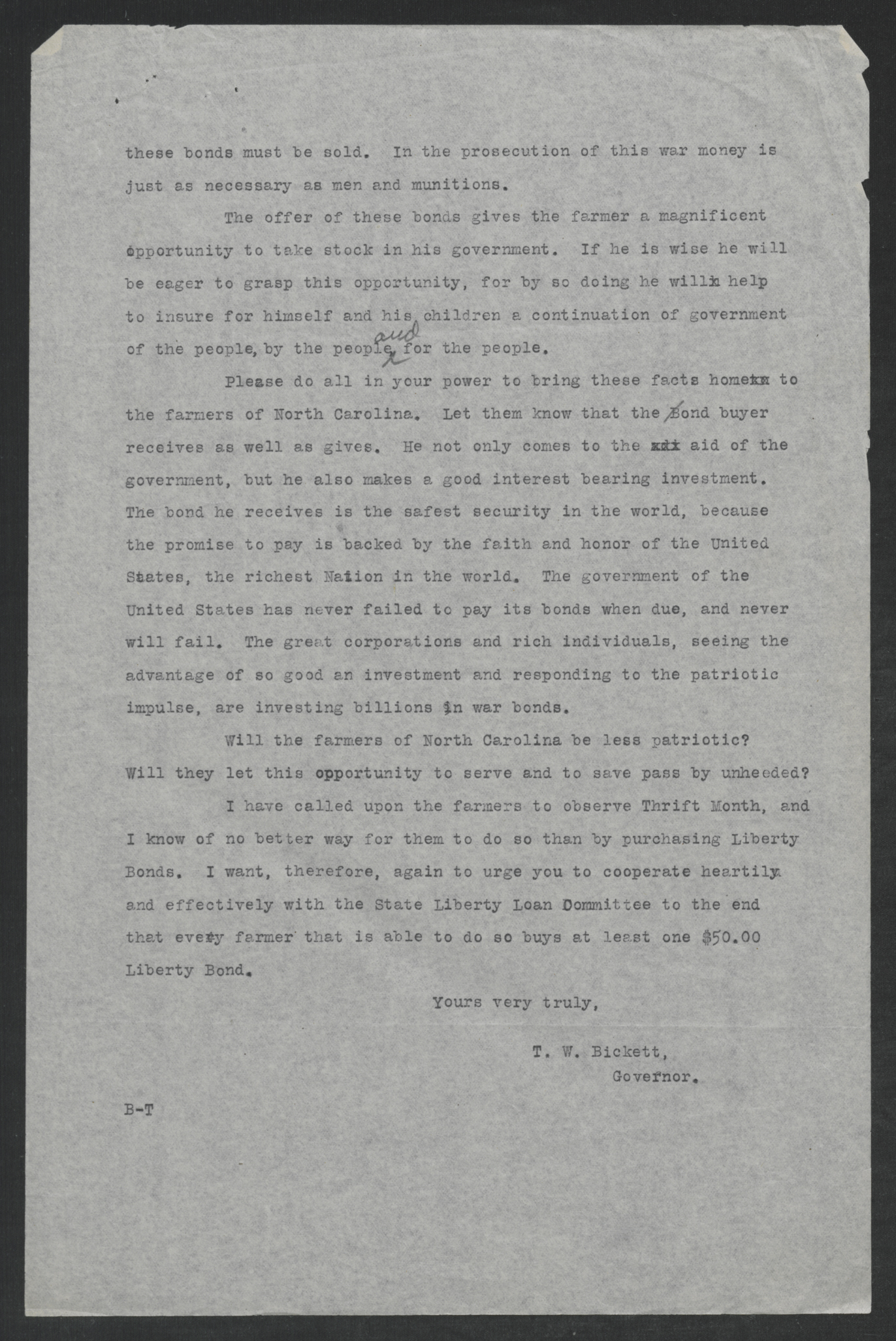 Letter from Thomas W. Bickett to Henry Q. Alexander, October 15, 1917, page 2