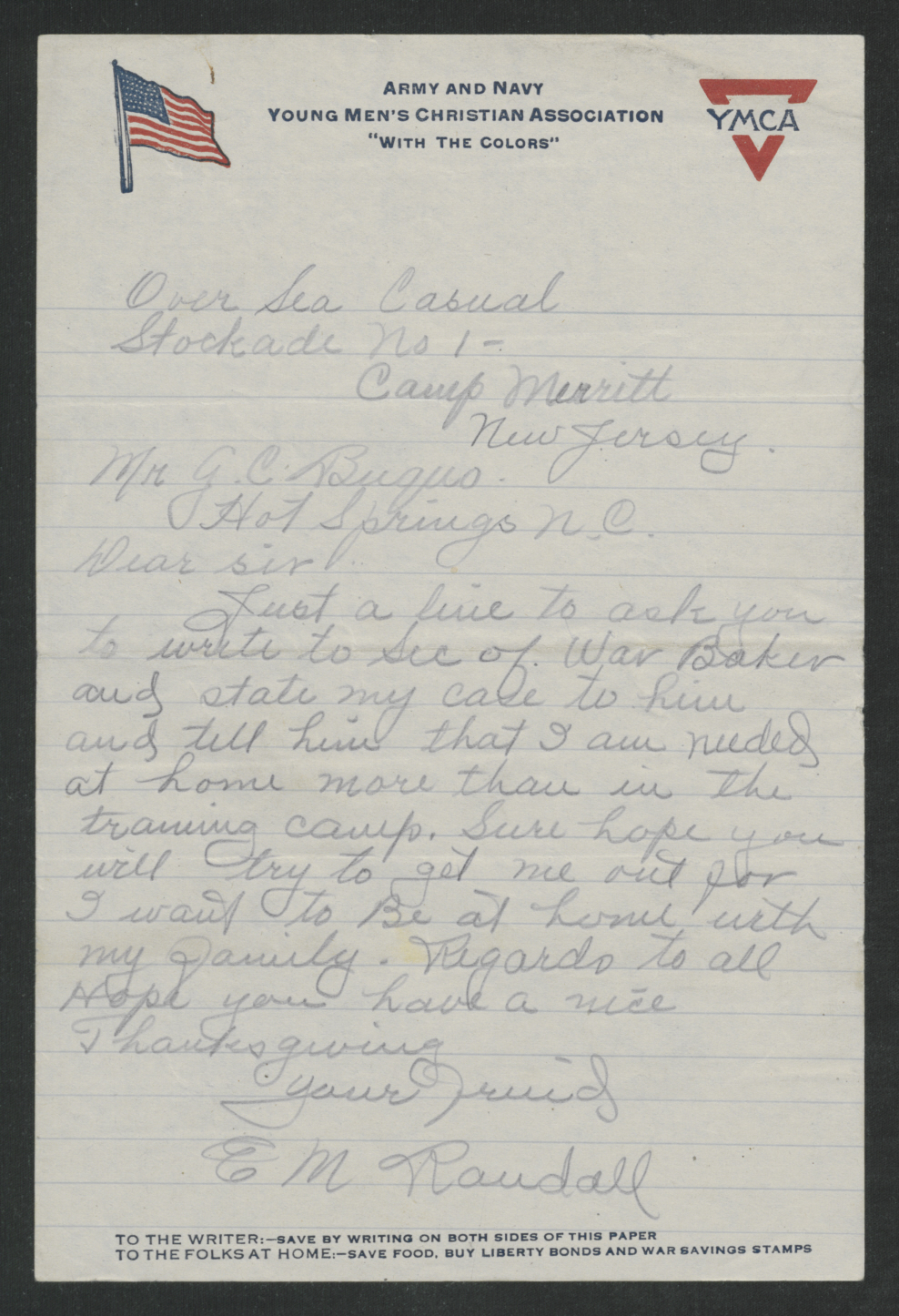 Letter from Erwin M. Randall to George C. Buquo, Circa December 1918