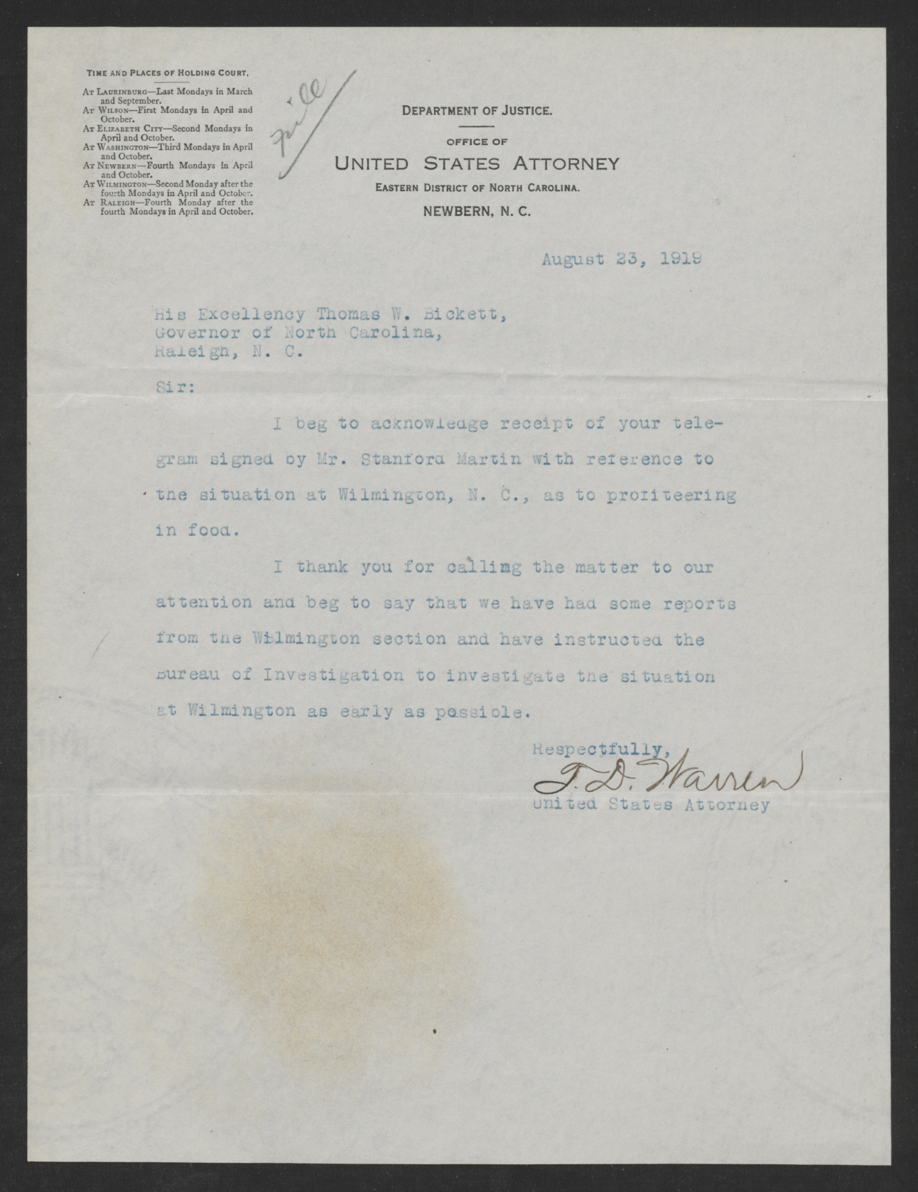 Letter from Thomas D. Warren to Thomas W. Bickett, August 23, 1919