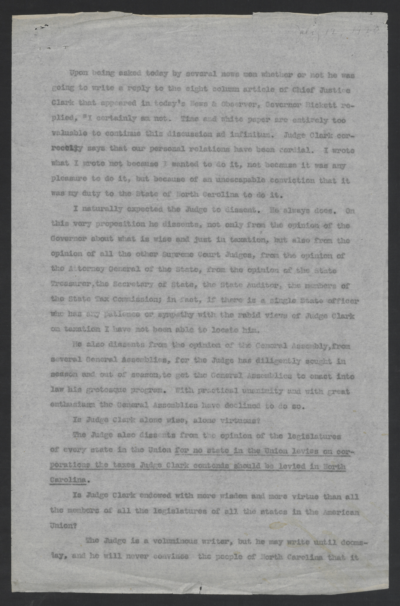 Governor Thomas W. Bickett's Response to Criticism by Walter M. Clark, July 12, 1920, page 1