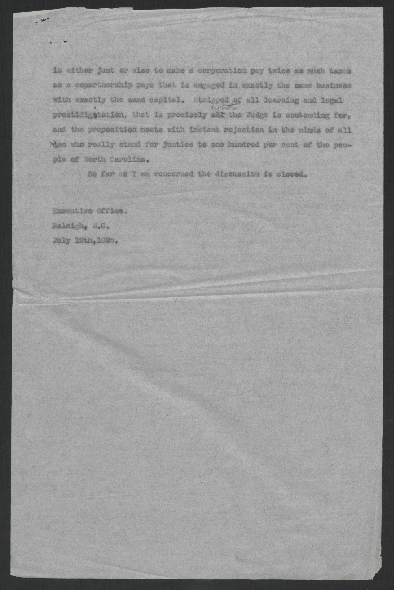 Governor Thomas W. Bickett's Response to Criticism by Walter M. Clark, July 12, 1920, page 2