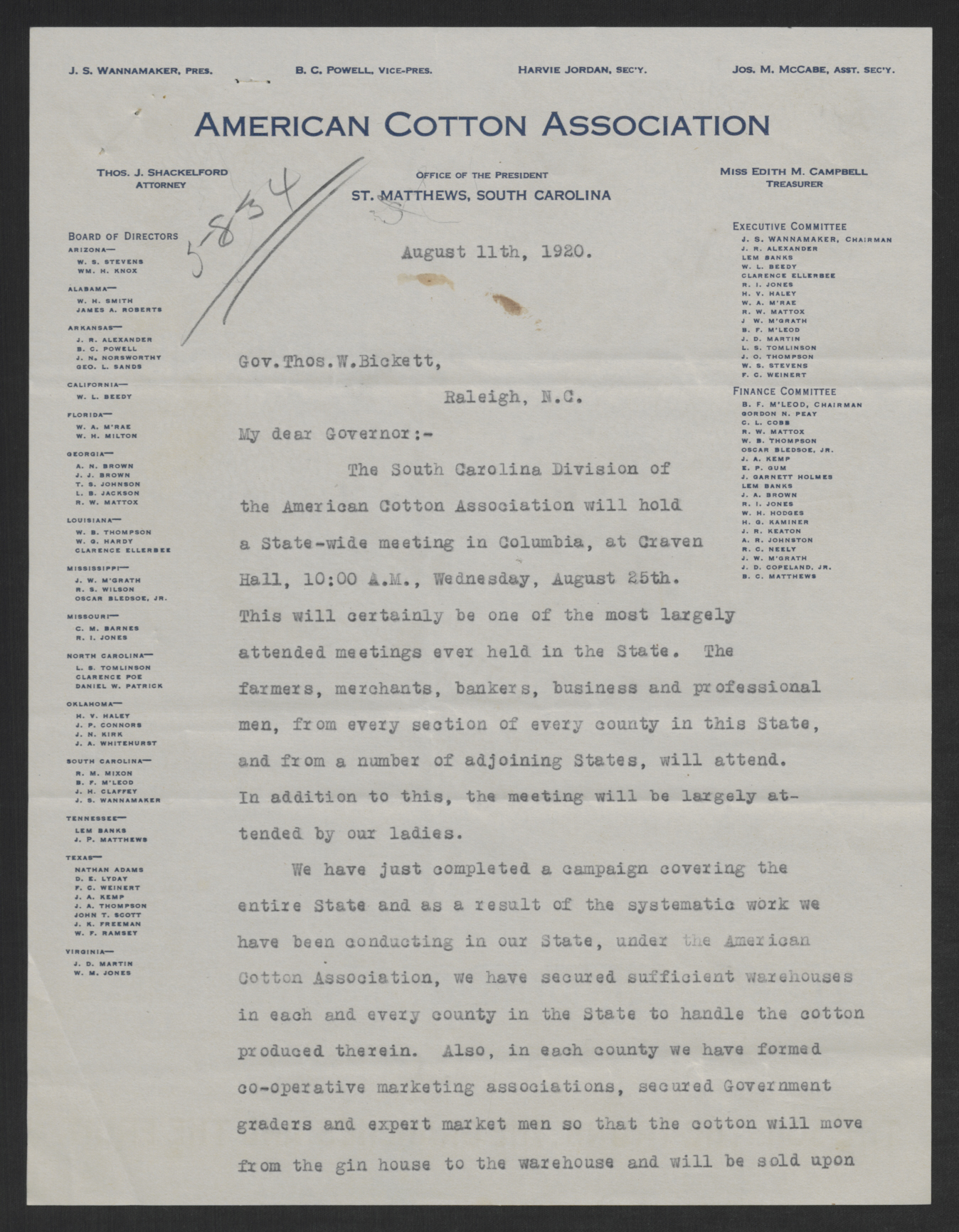 Letter from John S. Wannamaker to Thomas W. Bickett, August 11, 1920, page 1