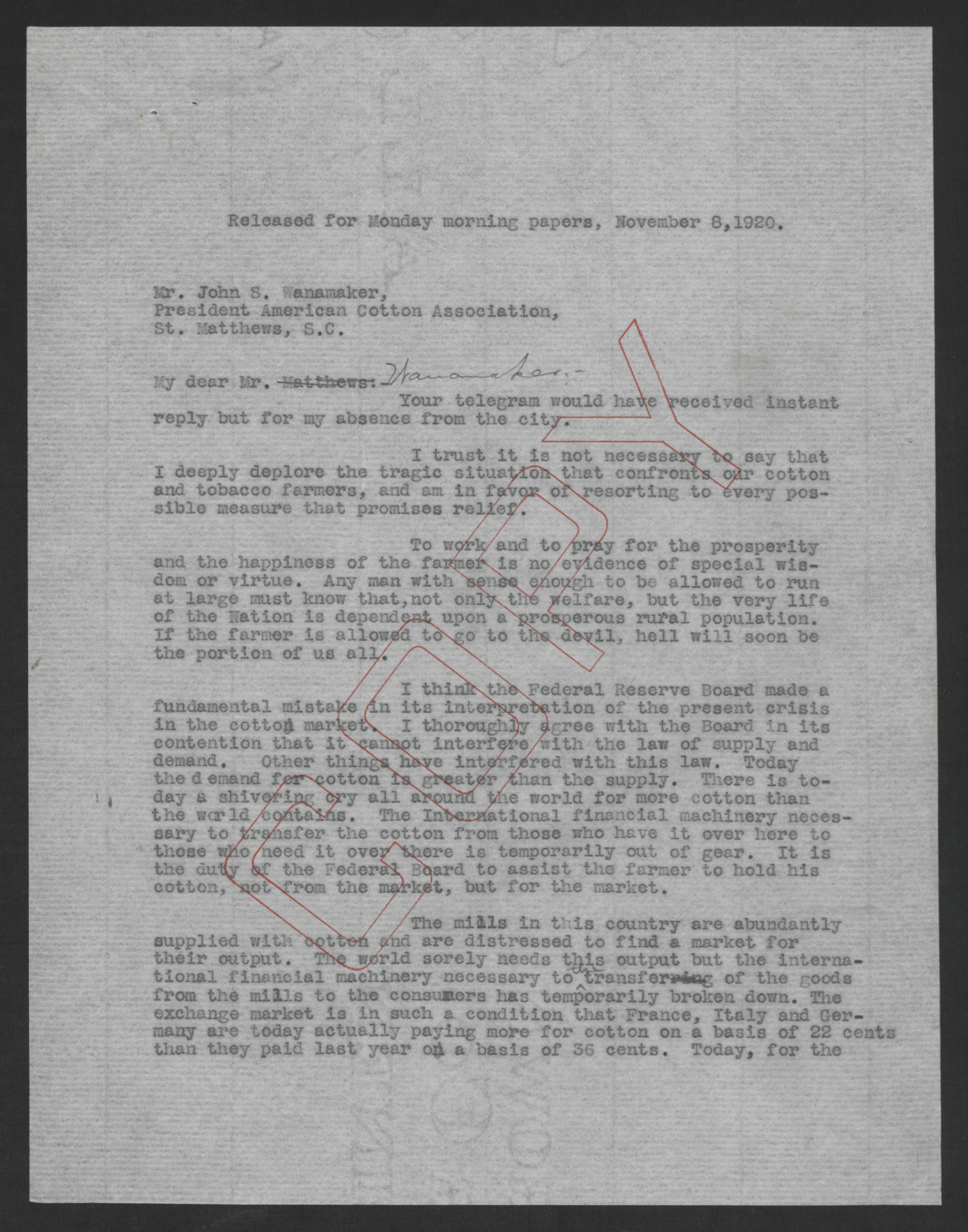 Letter from Thomas W. Bickett to John S. Wannamaker, November 8, 1920, page 1