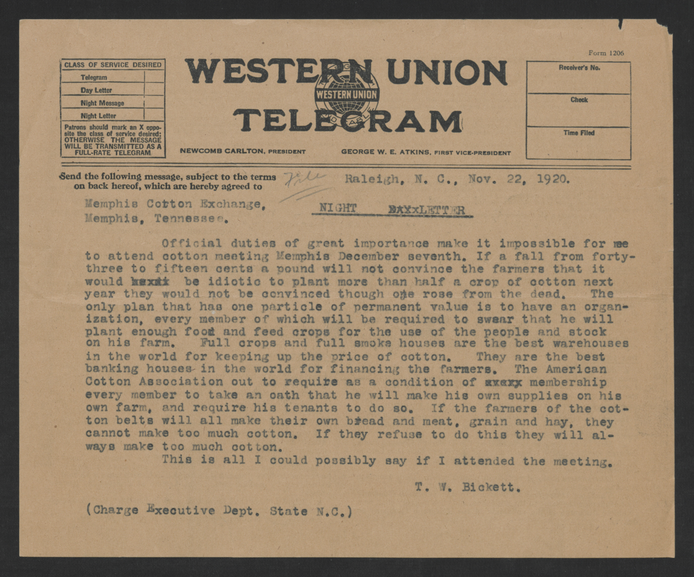 Telegram from Thomas W. Bickett to the Memphis Cotton Exchange, November 22, 1920