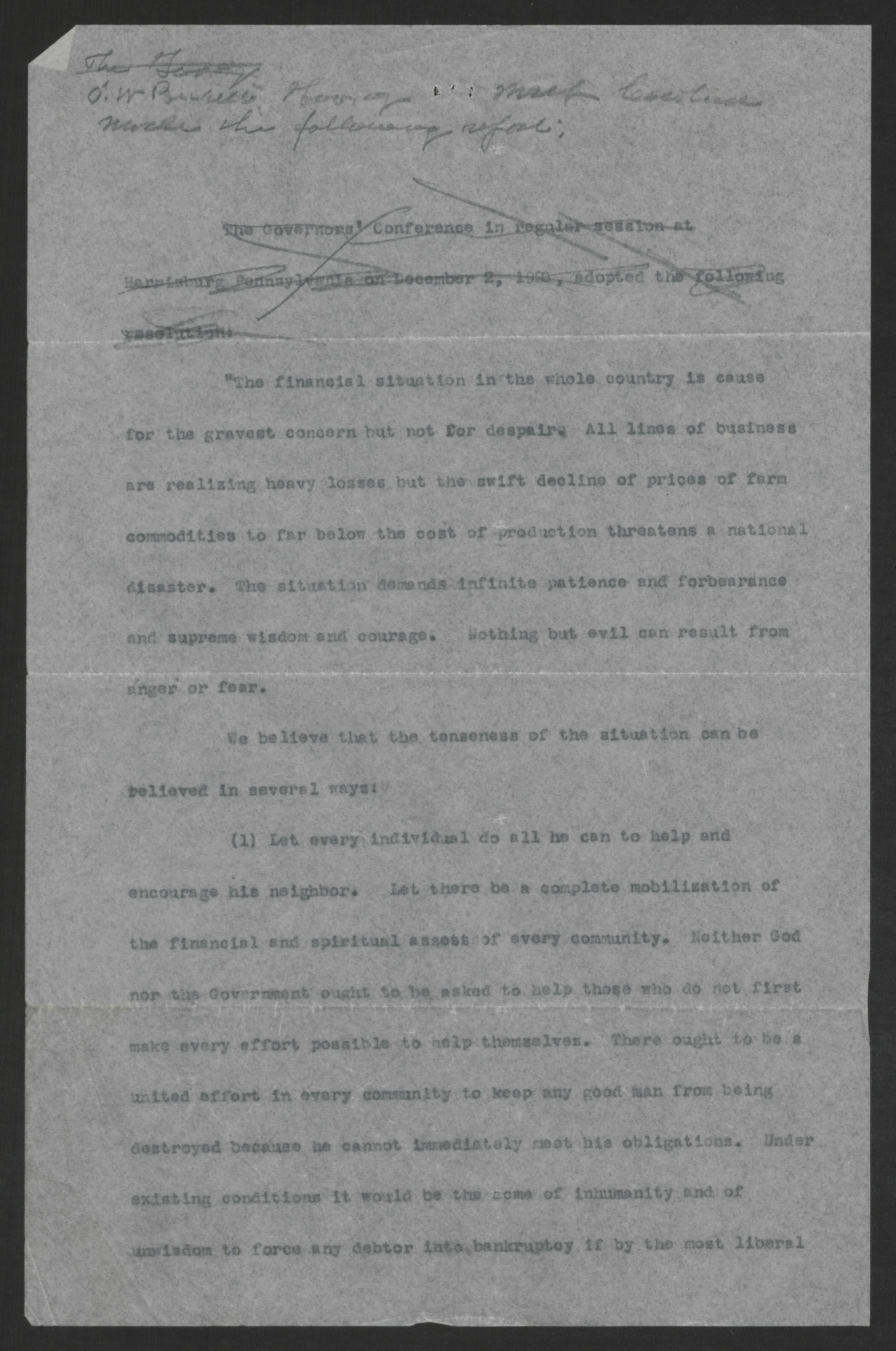 Statement by the Governors' Conference on the Nation's Financial Standing, December 2, 1920, page 1