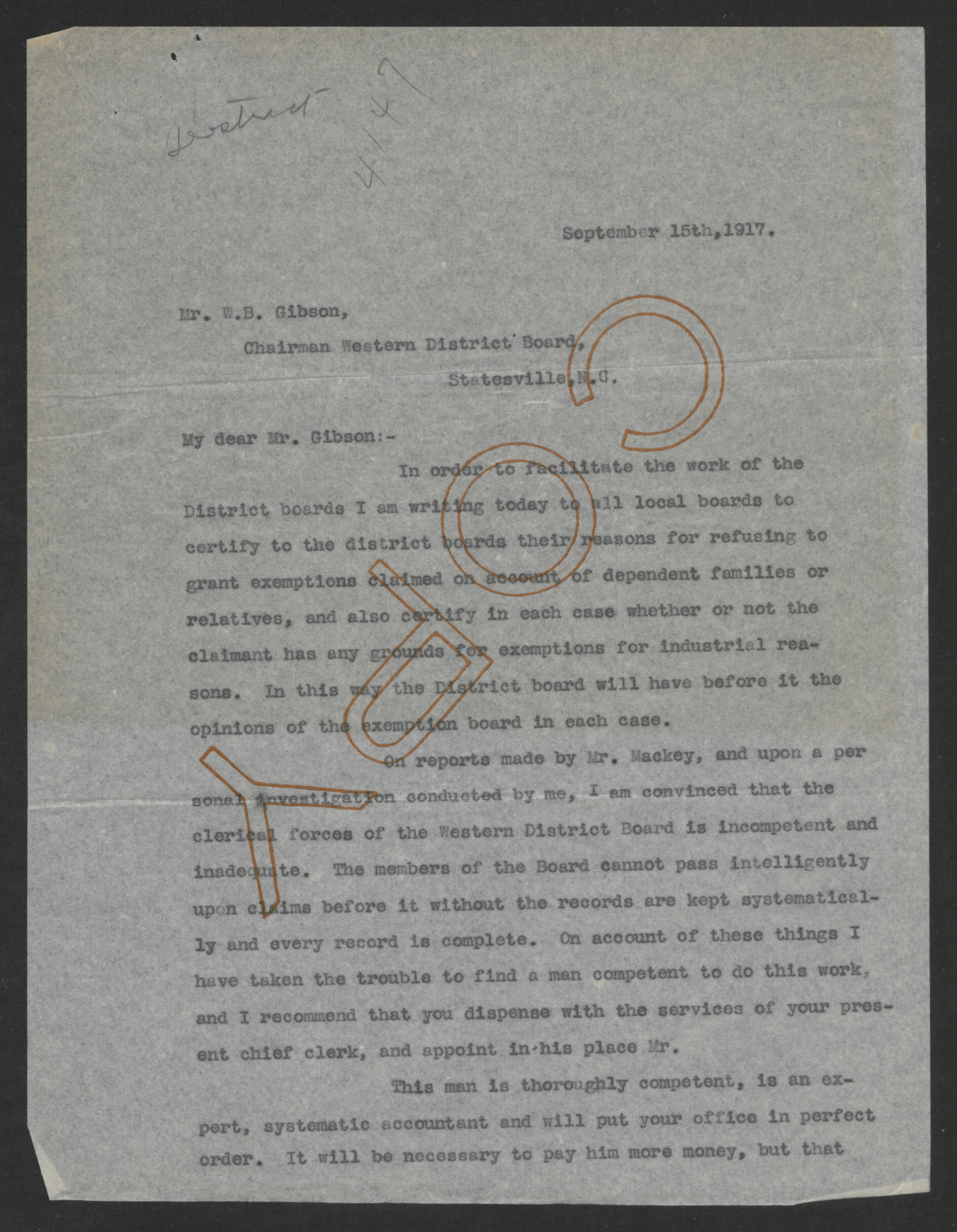 Letter from Thomas W. Bickett to William B. Gibson, September 15, 1917, page 1