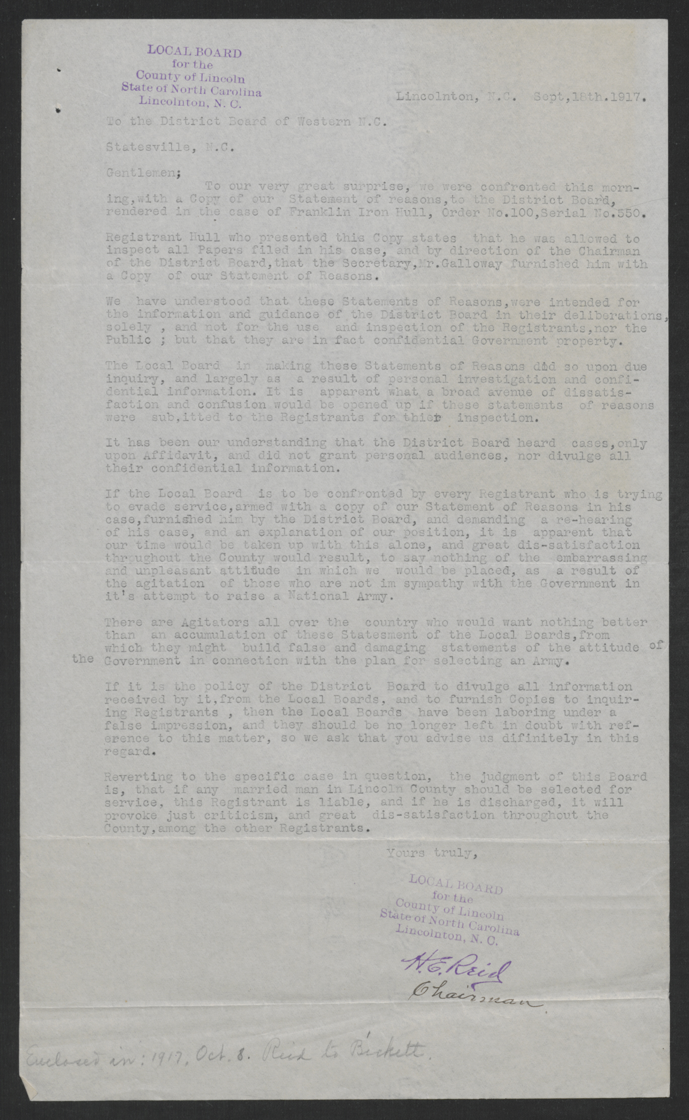Letter from Harry E. Reid to the District Board of Western North Carolina, September 18, 1917