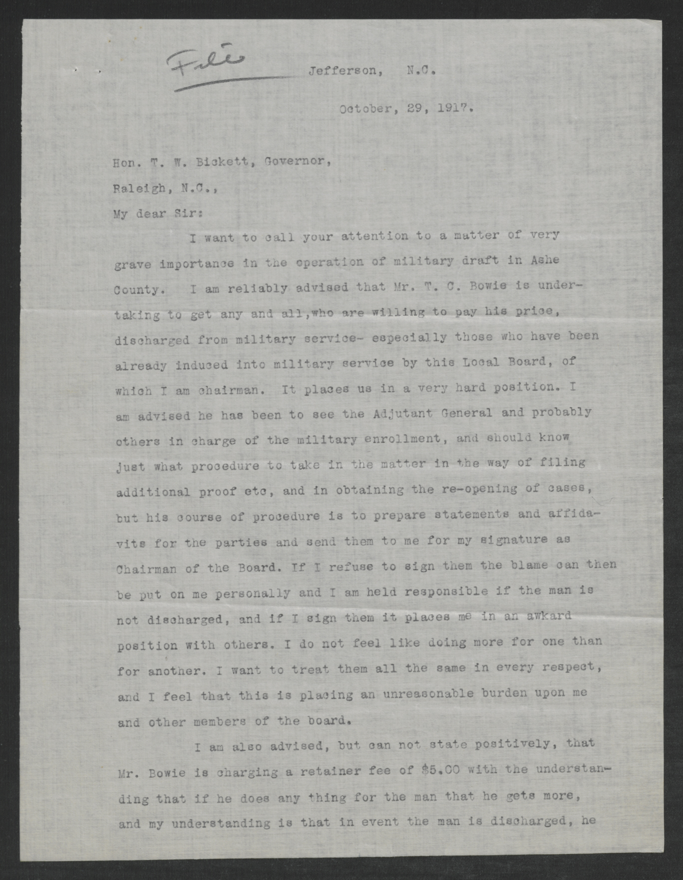 Letter from Wiley E. McNeill to Thomas W. Bickett, October 29, 1917, page 1