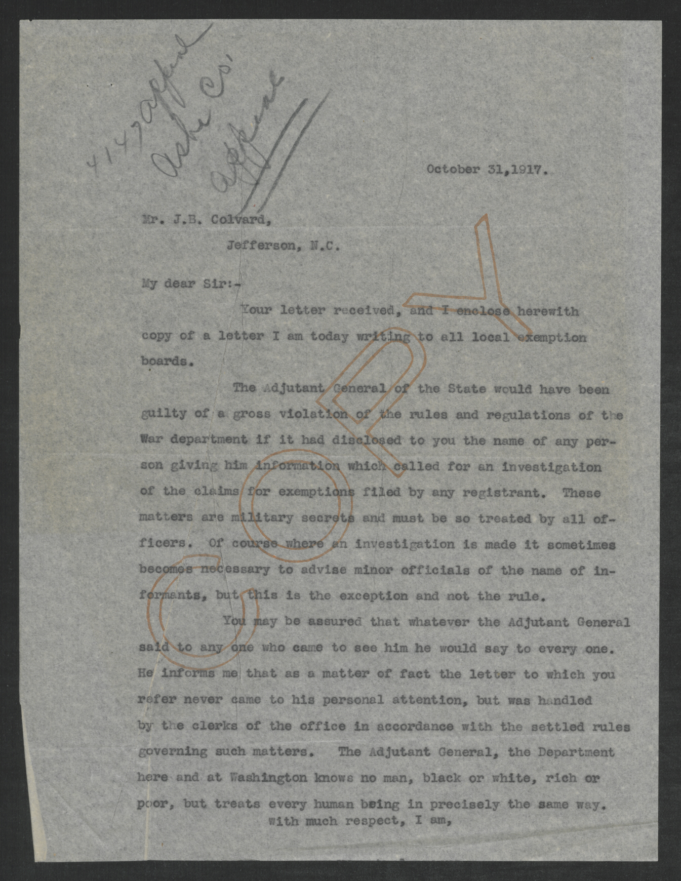 Letter from Thomas W. Bickett to Joseph B. Colvard, October 31, 1917