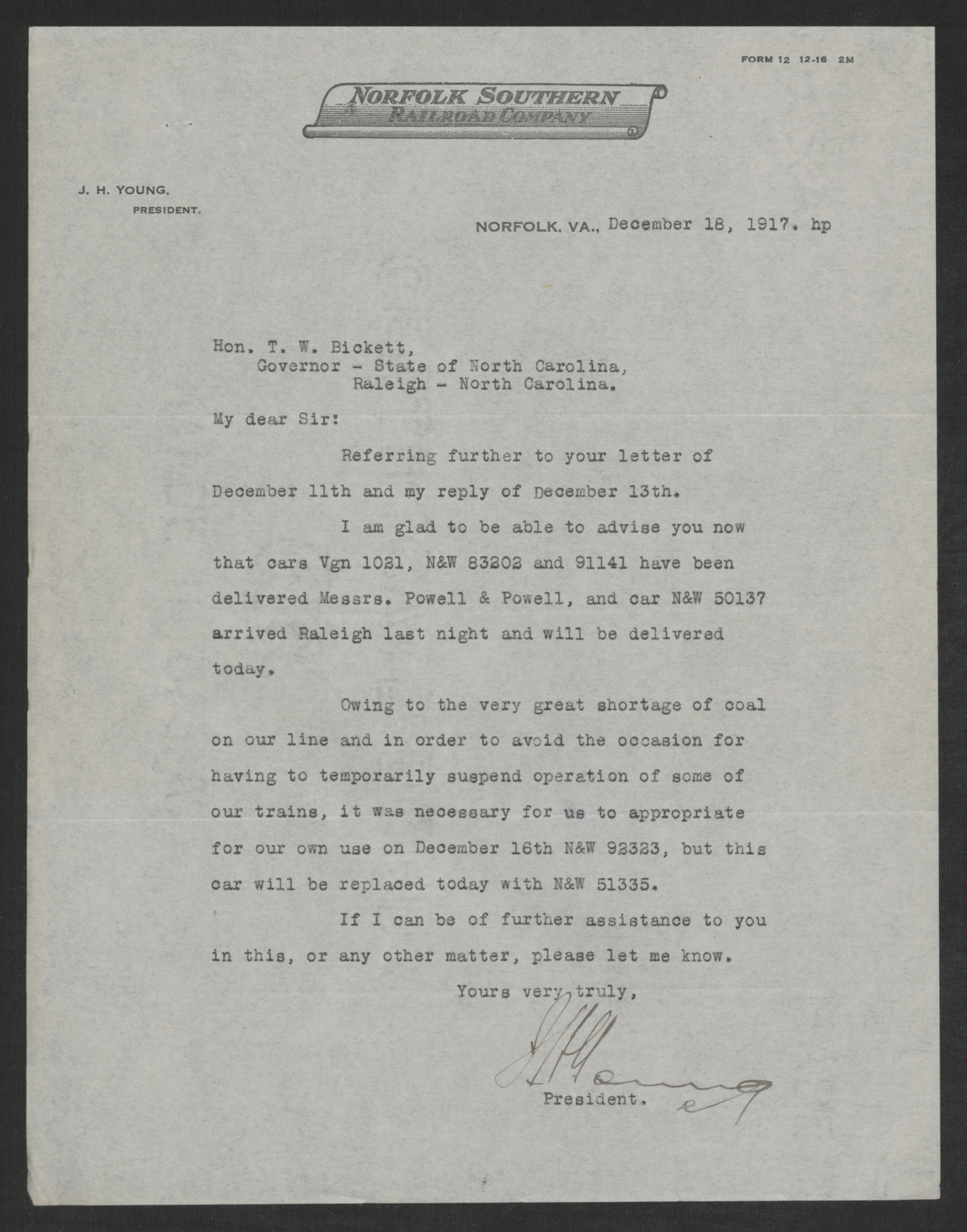 Letter from Joseph H. Young to Thomas W. Bickett, December 18, 1917
