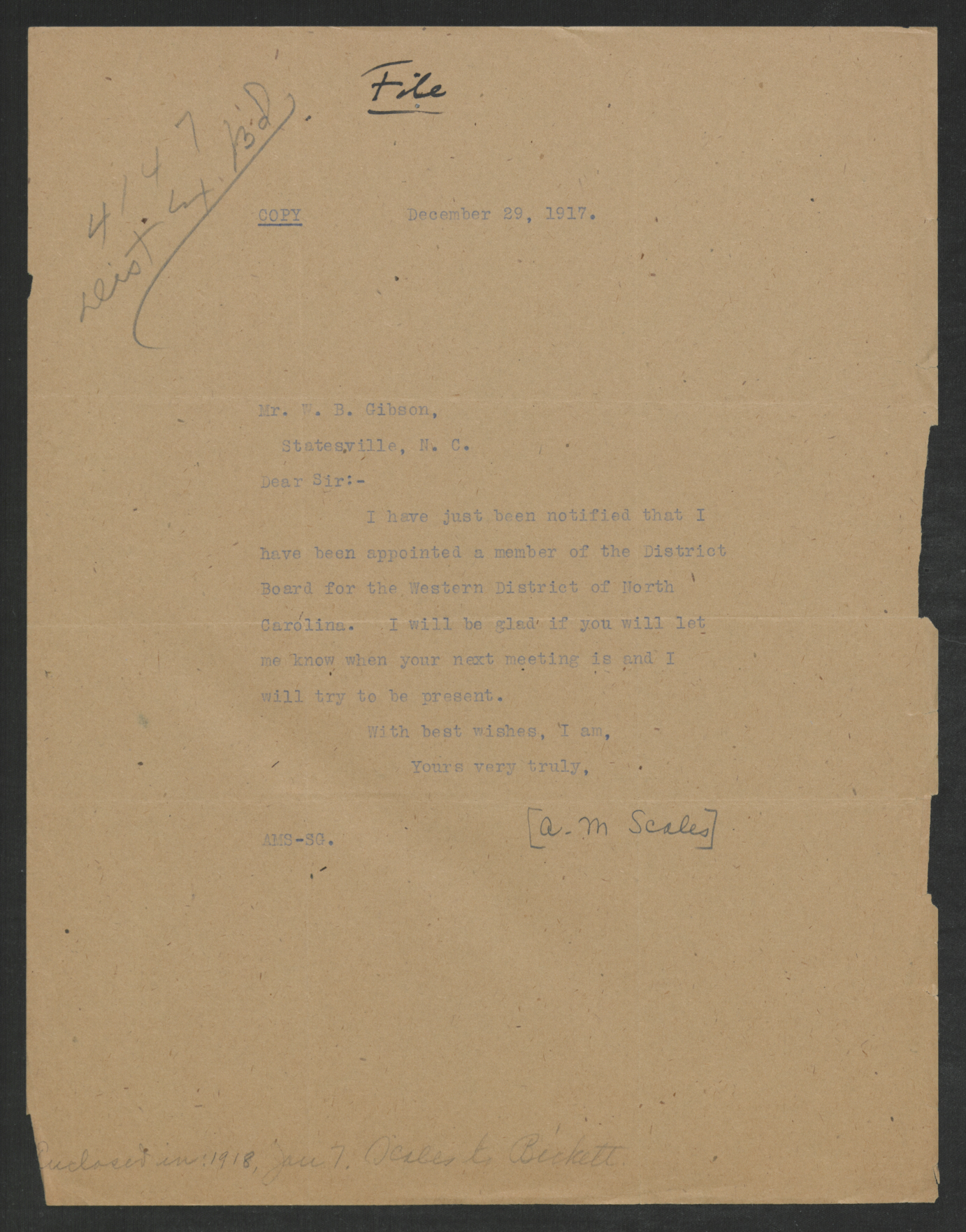 Letter from Alfred M. Scales to William B. Gibson, December 29, 1917