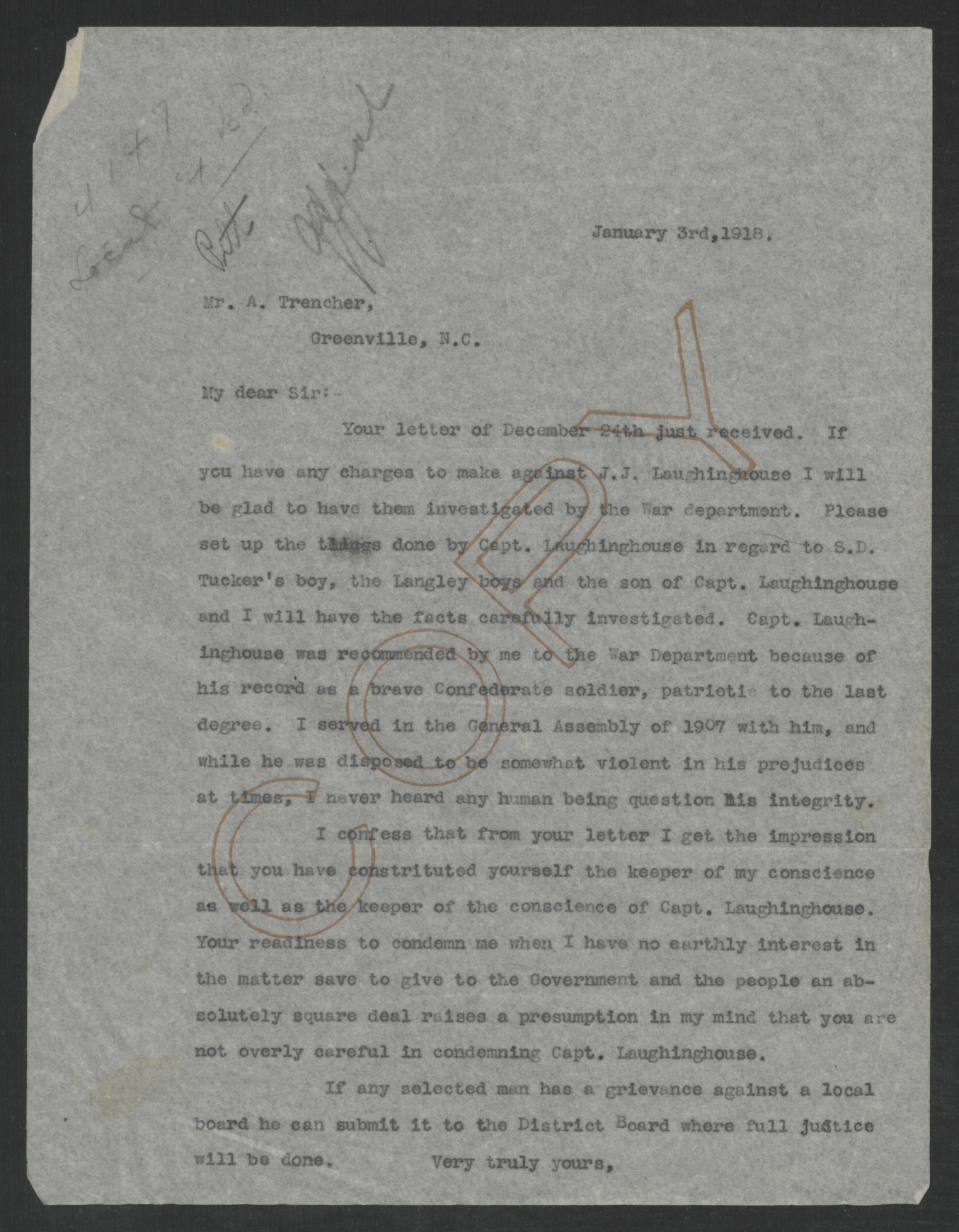 Letter from Thomas W. Bickett to A. Trencher, January 3, 1918