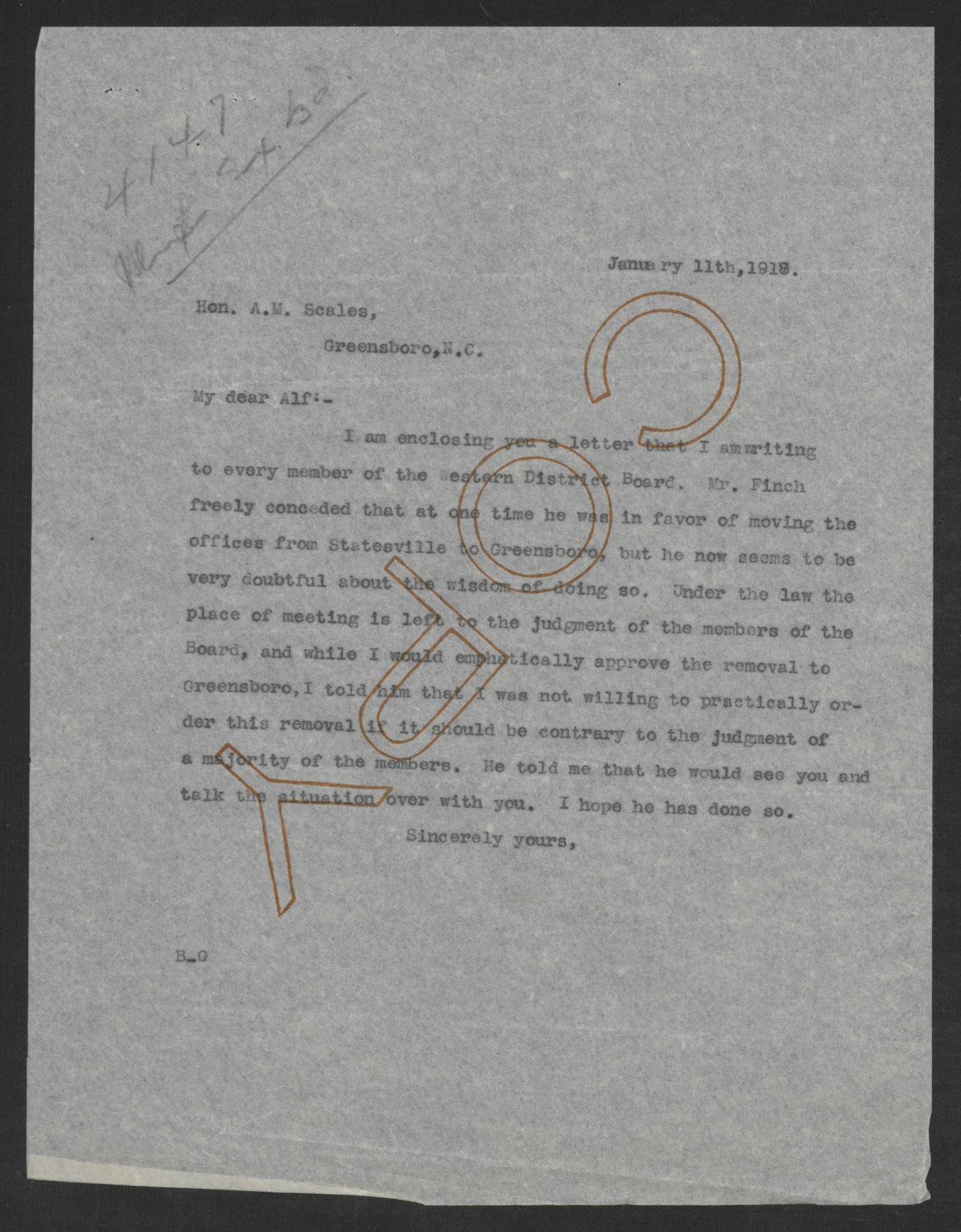 Letter from Thomas W. Bickett to Alfred M. Scales, January 11, 1918