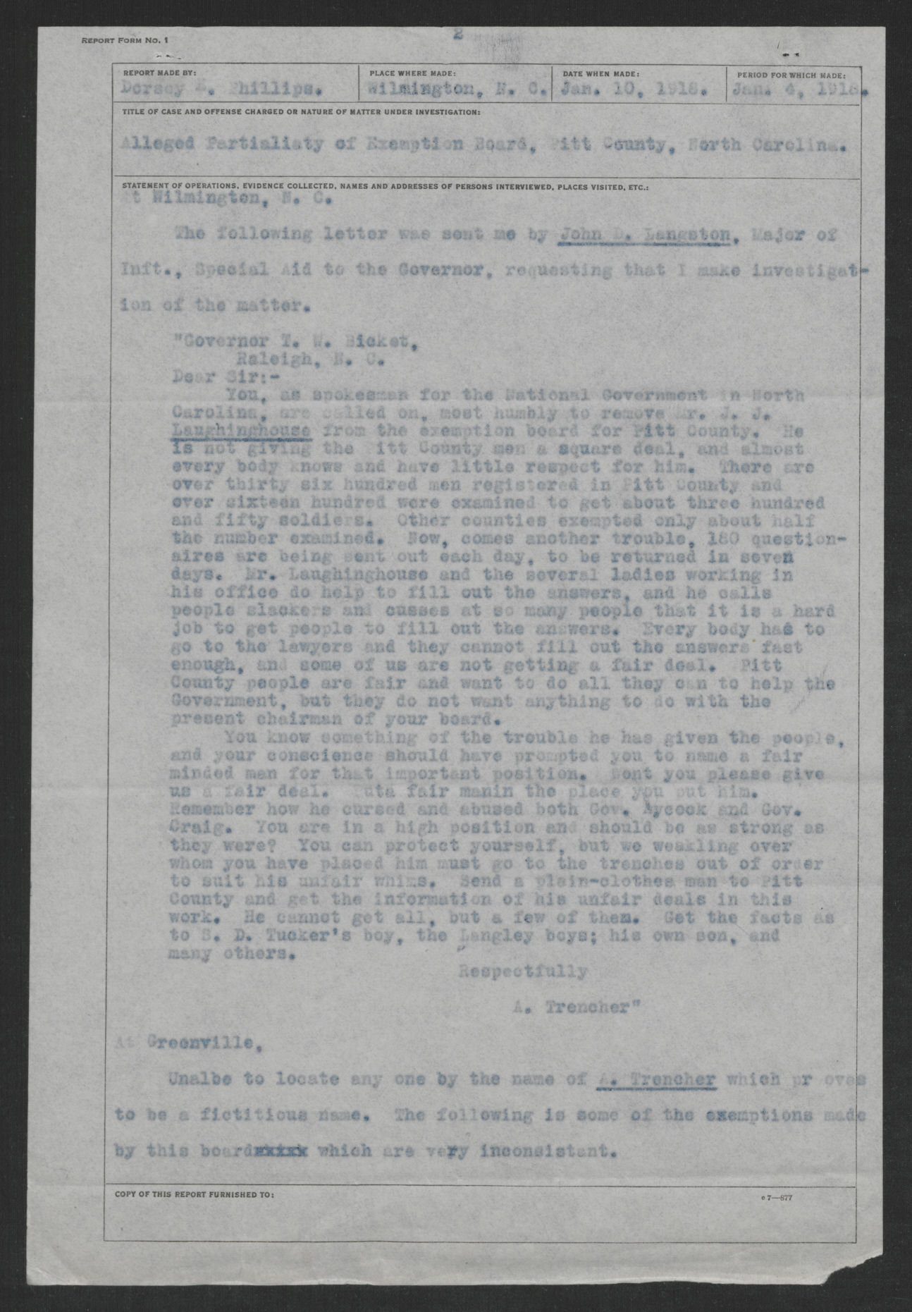 Report on Alleged Partiality of the Pitt County Exemption Board, January 10, 1918, page 1