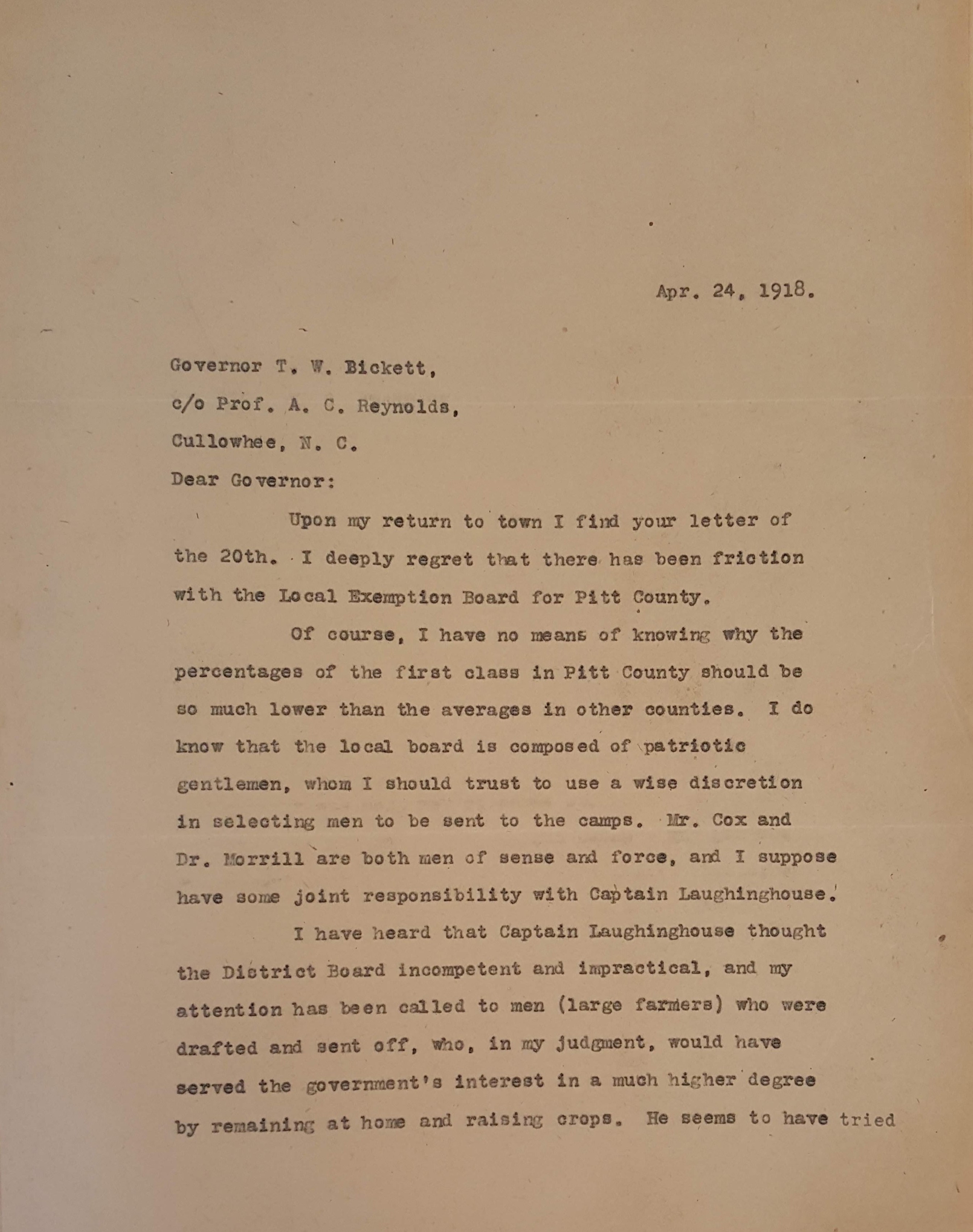 Letter from J. Bryan Grimes to Thomas W. Bickett, April 24, 1918, page 1