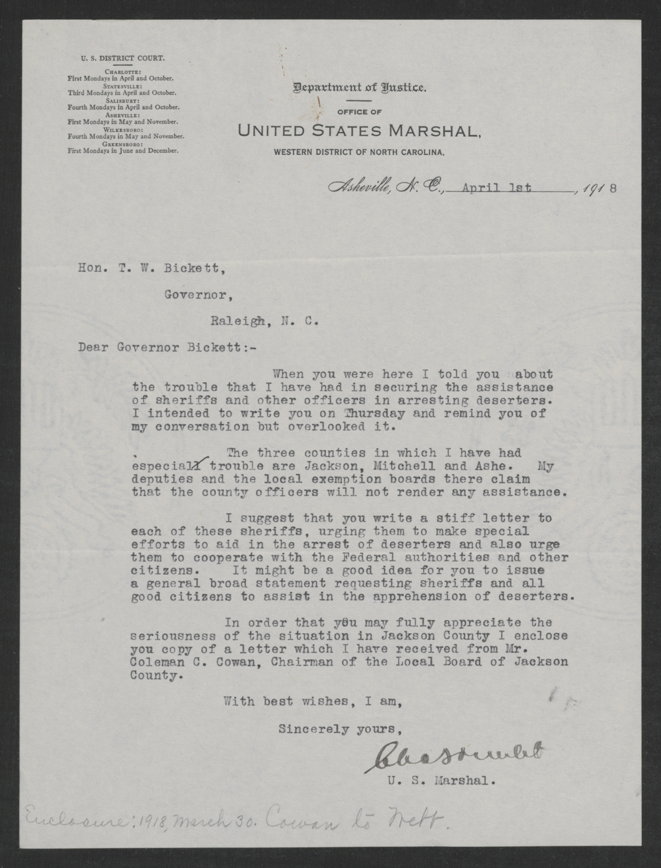 Letter from Charles A. Webb to Thomas W. Bickett, April 1, 1918
