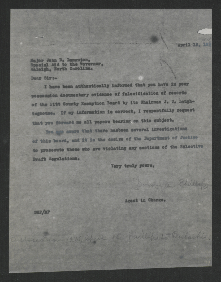 Letter from Dorsey E. Phillips to John D. Langston, April 15, 1918