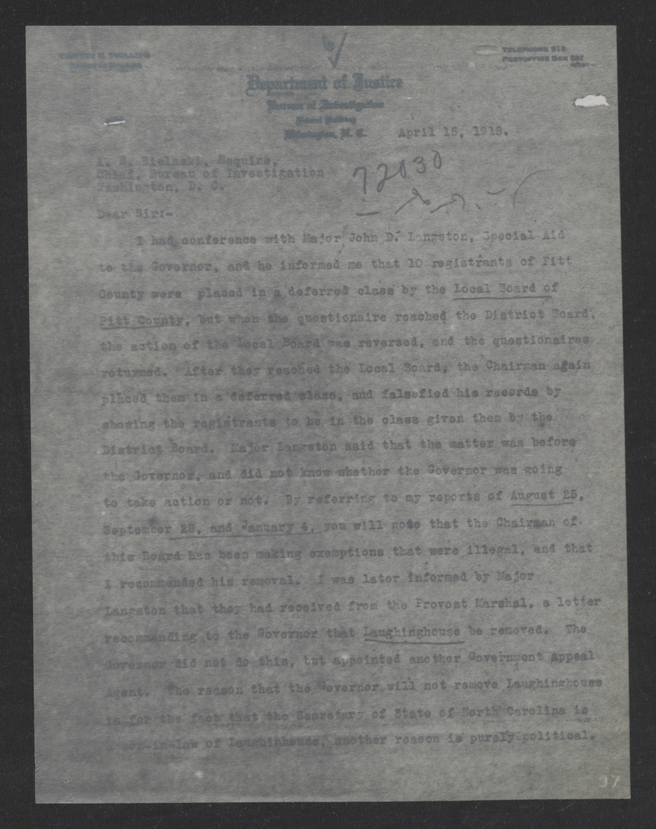 Letter from Dorsey E. Phillips to Alexander B. Bielaski, April 15, 1918, page 1