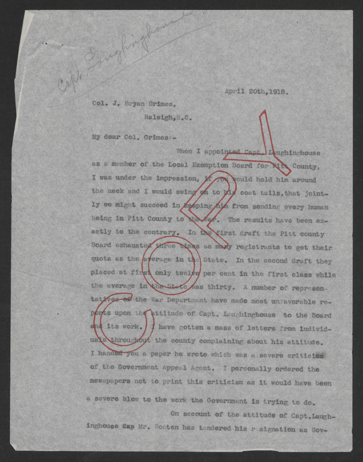 Letter from Thomas W. Bickett to J. Bryan Grimes, April 20, 1918, page 1