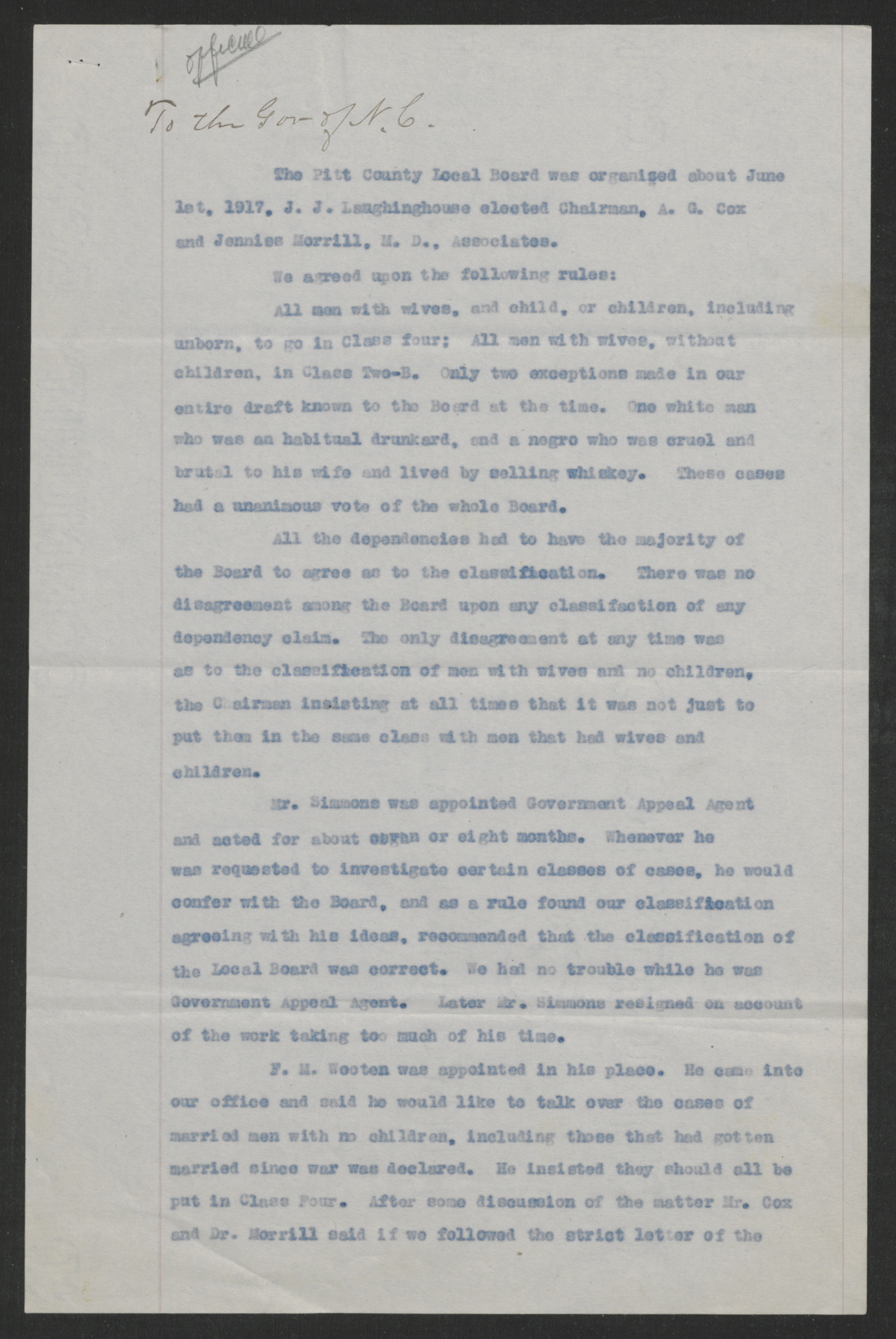 Letter from Joseph J. Laughinghouse and Amos G. Cox to Thomas W. Bickett, Circa May 1918, page 1